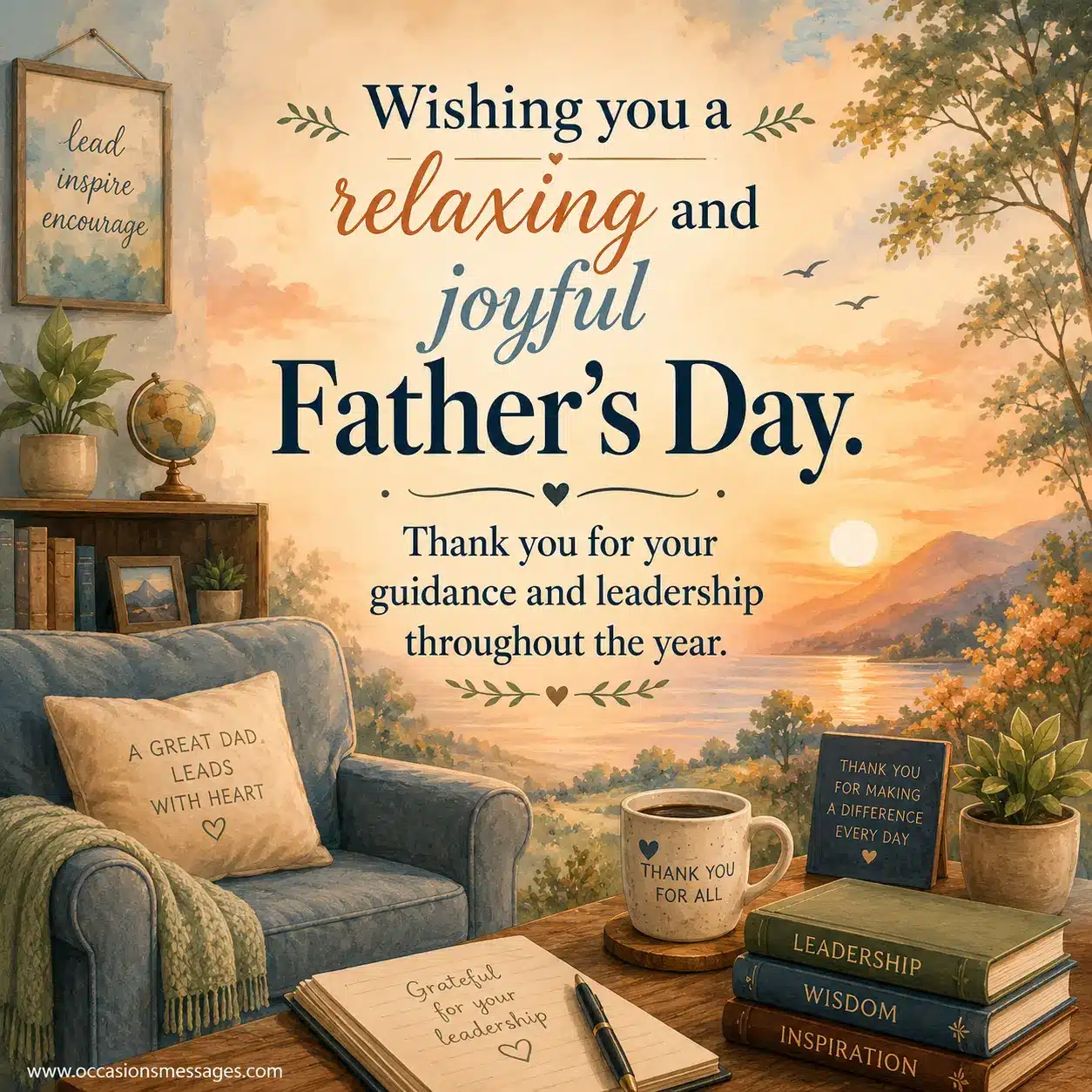 5. Peaceful pastel Father's Day quote image with relaxing artistic scenery thanking a boss for guidance, leadership, and support throughout the year.