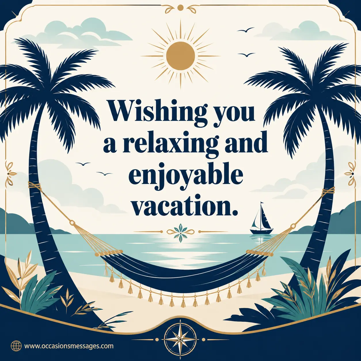 Relaxing vacation quote card with tranquil beach elements and calming travel atmosphere encouraging rest and enjoyment.