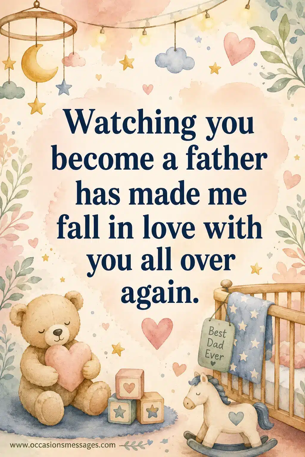 1. Romantic illustrated Father's Day quote image celebrating a partner becoming a loving new father with warm nursery lighting and emotional family atmosphere.
