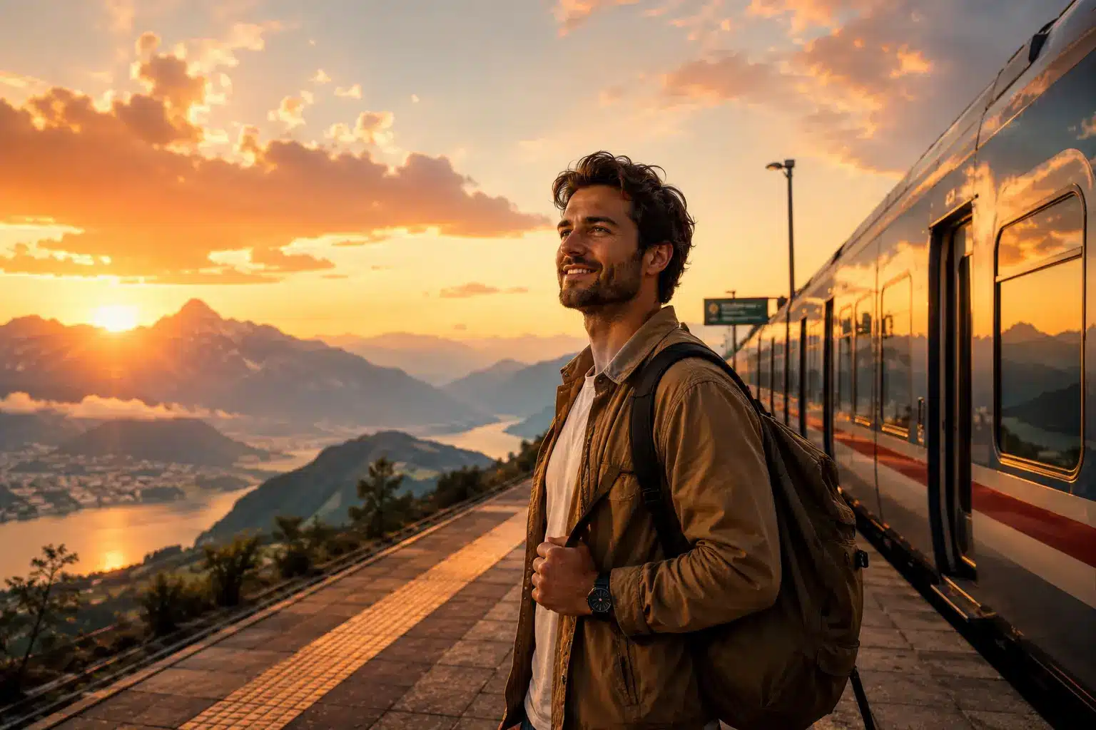 Male traveler wishing safe journey beside modern train at sunset with backpack and scenic background