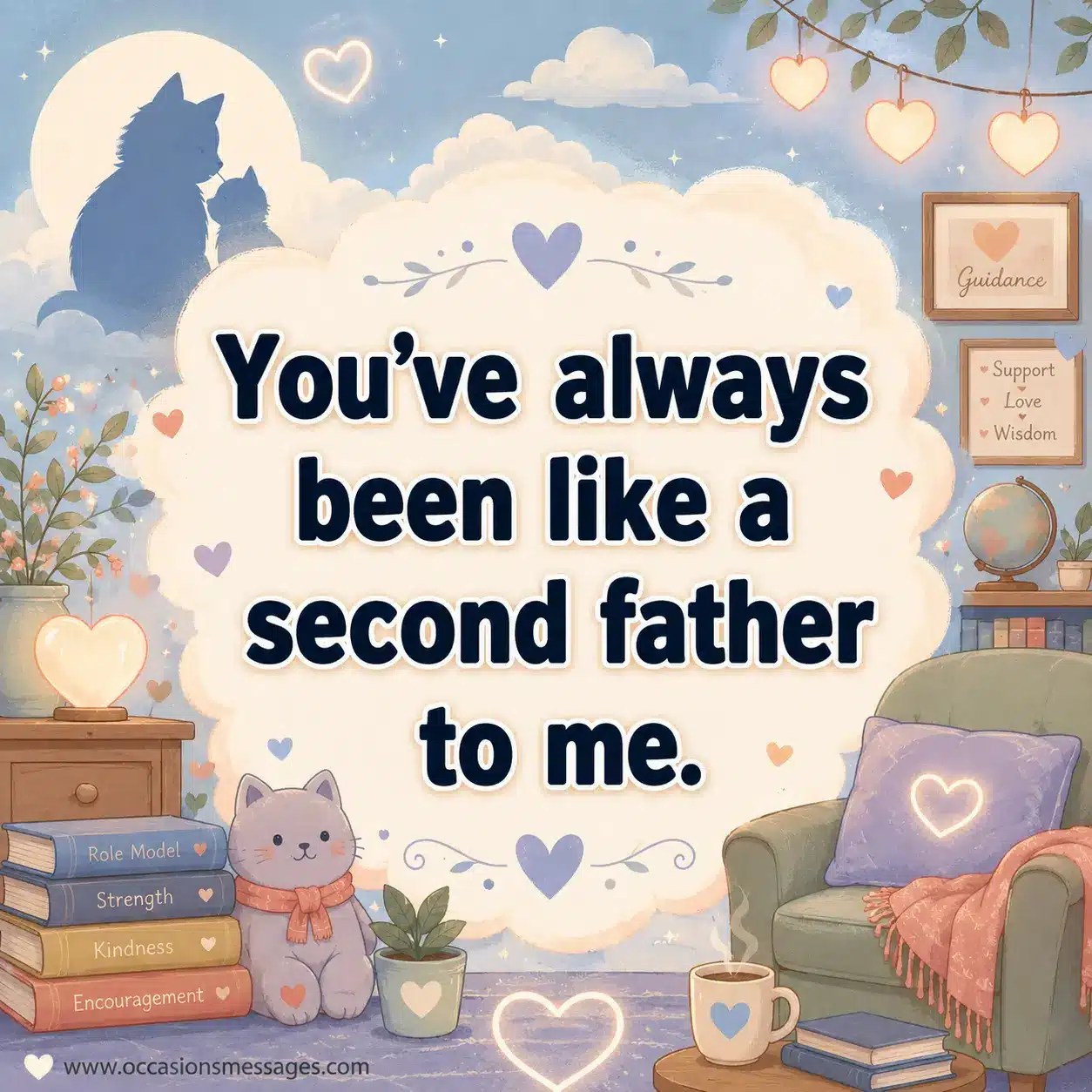 5. Pastel anime-inspired Father's Day image showing a comforting atmosphere and heartfelt quote about someone being like a second father.