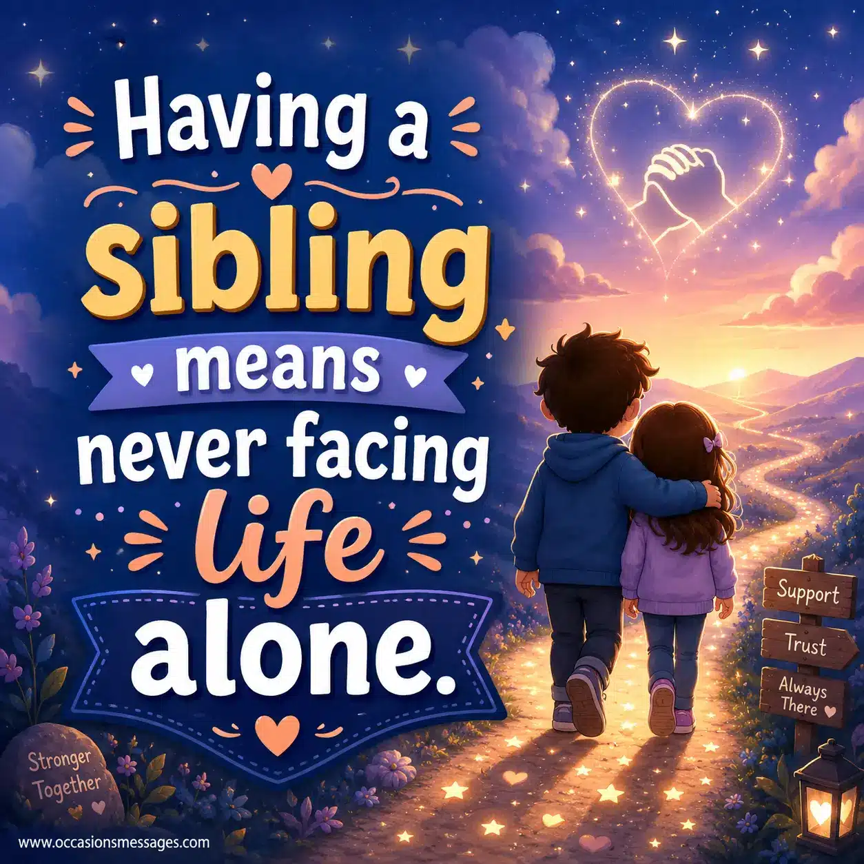 4. Soft digital painting of supportive siblings walking together under a dreamy sky with an emotional inspirational message about never facing life alone.