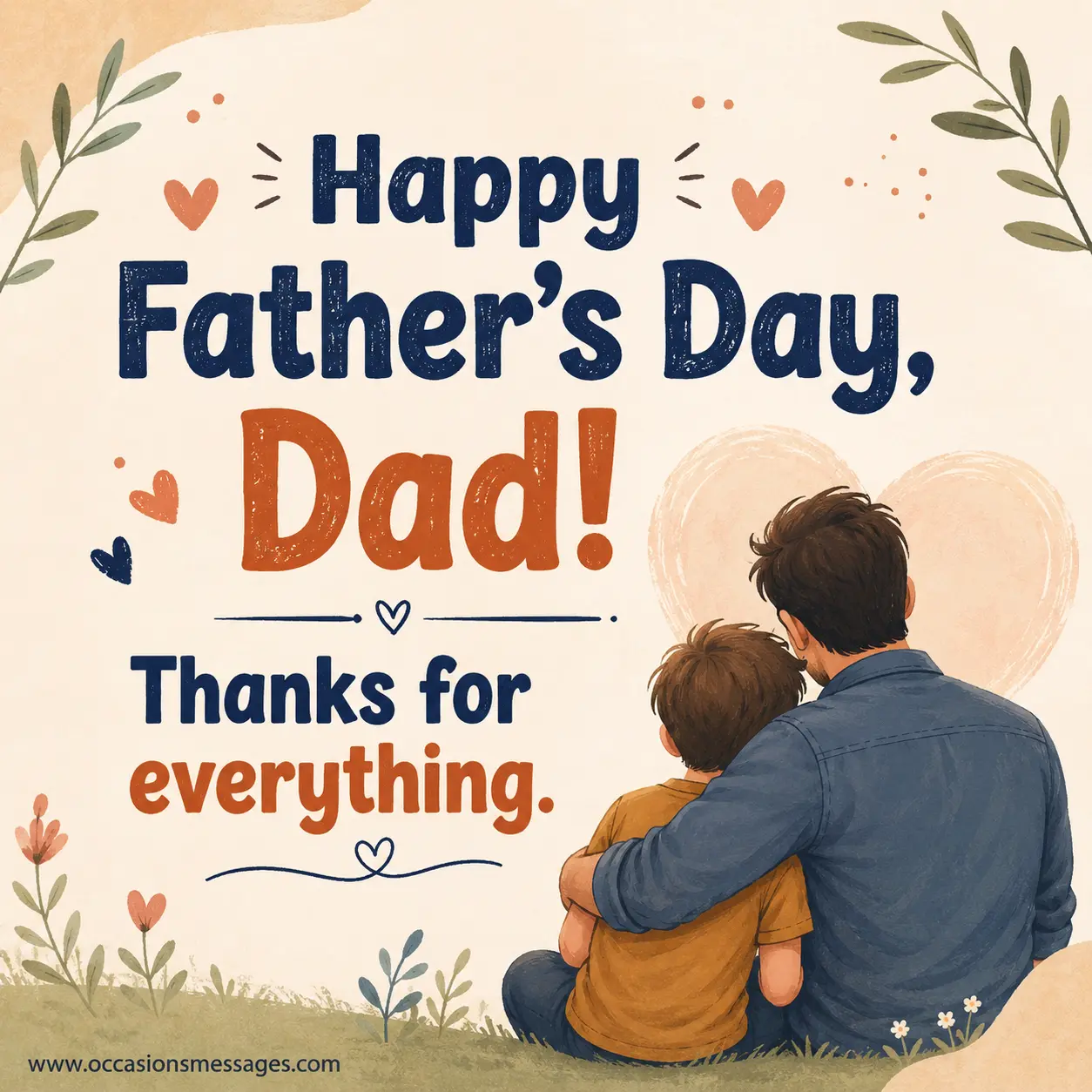 3. Minimal pastel Father's Day thank-you illustration with heartfelt typography and symbolic father-child imagery expressing gratitude to dad.