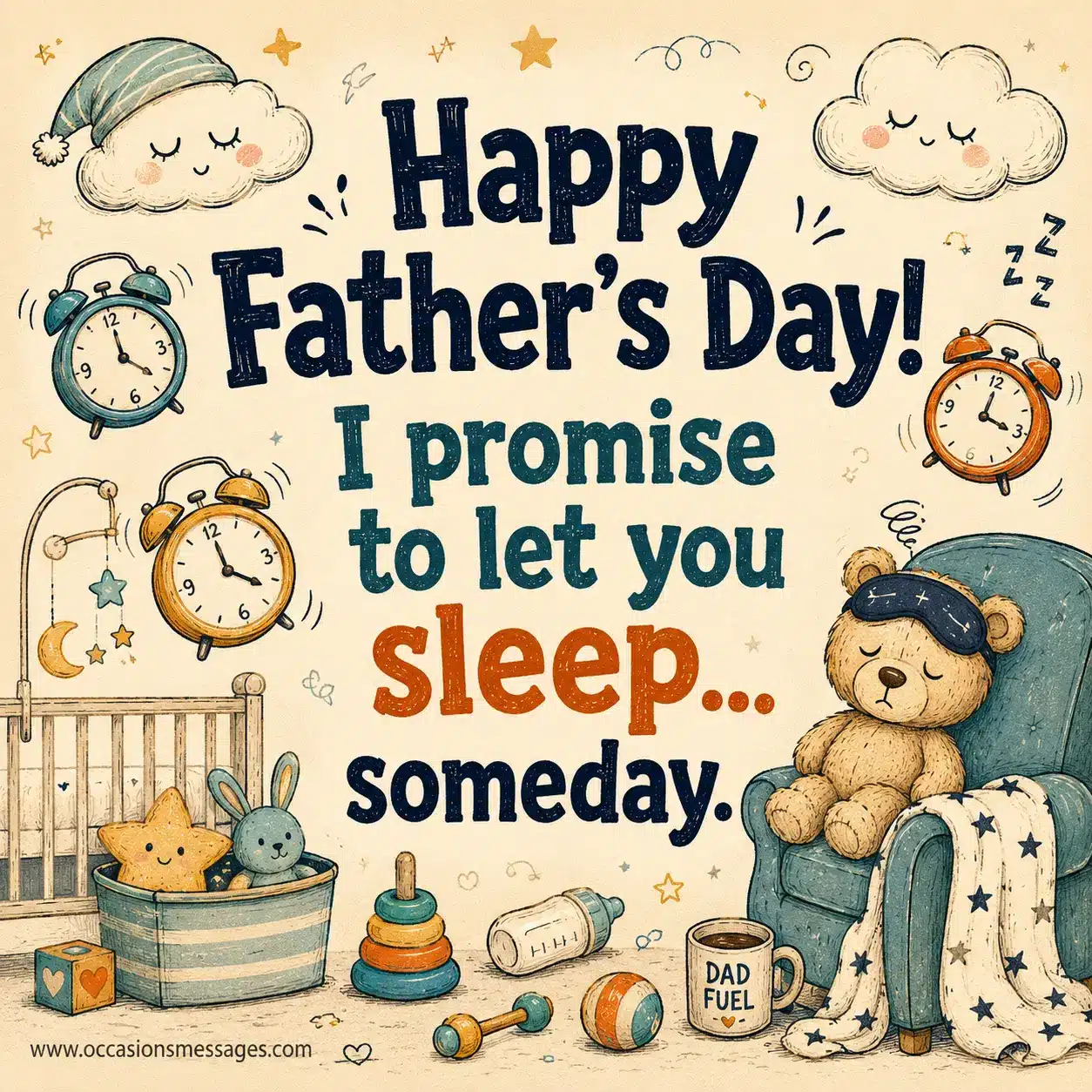 4. Whimsical sleepy dad Father's Day illustration featuring humorous parenting exhaustion with cozy nursery symbols and playful bedtime elements.