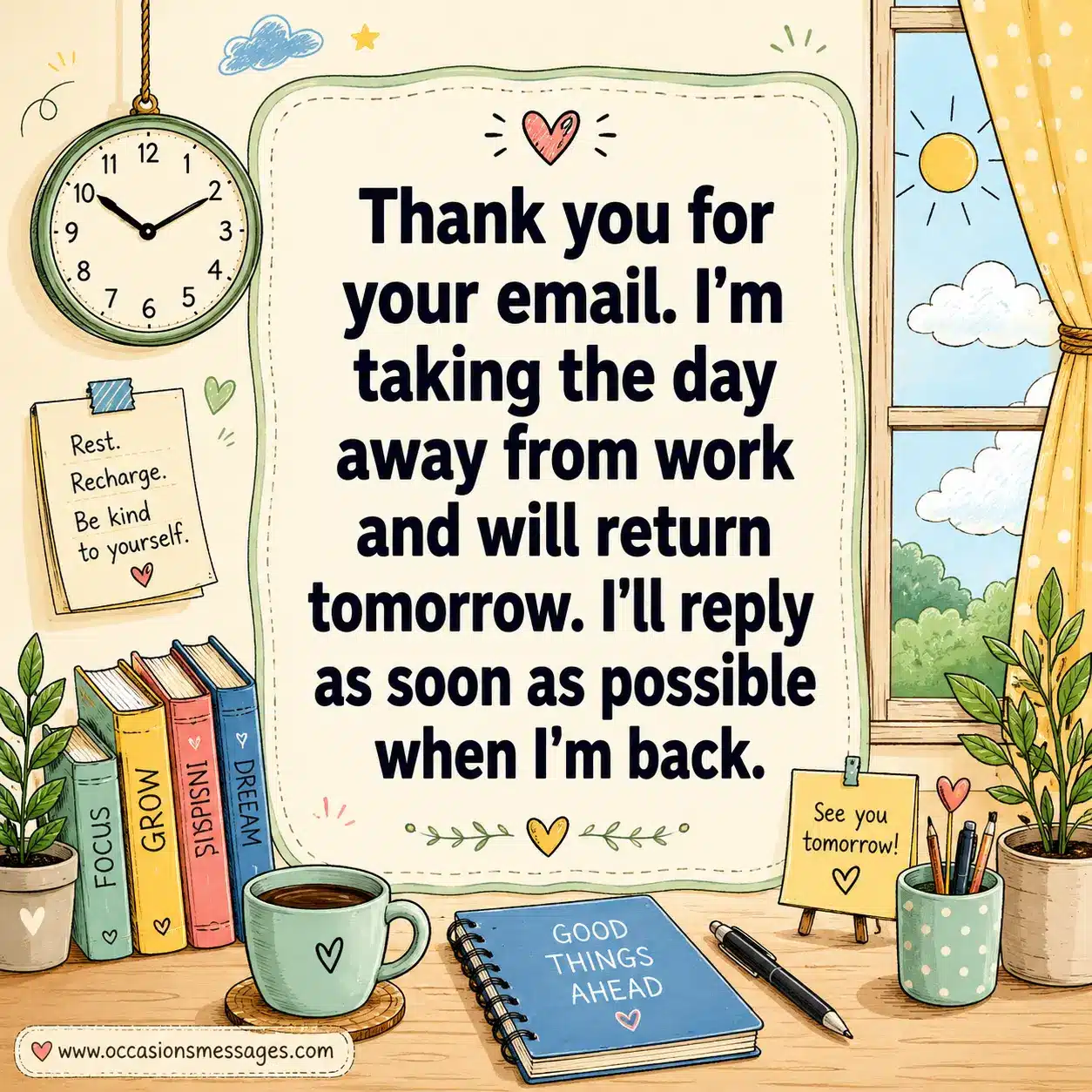 Hand-drawn office illustration showing a taking the day away from work auto reply quote in bold readable typography with cheerful pastel design.
