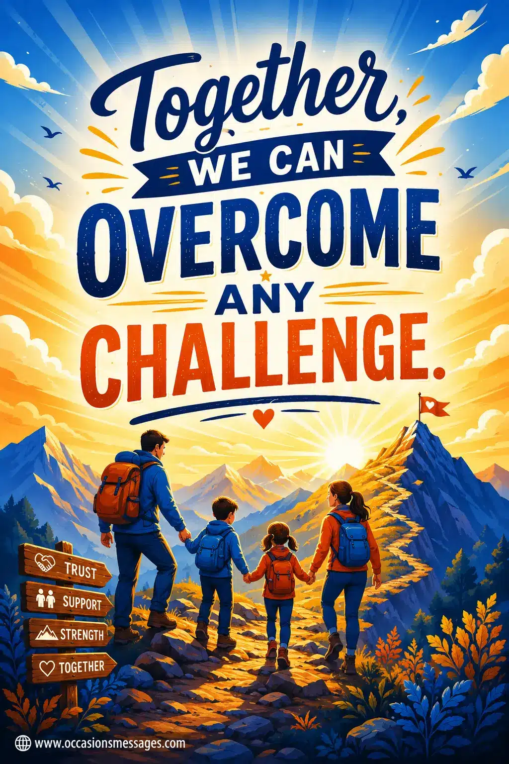 5. Motivational vector-style family teamwork illustration showing people overcoming challenges together with an uplifting inspirational family support quote.