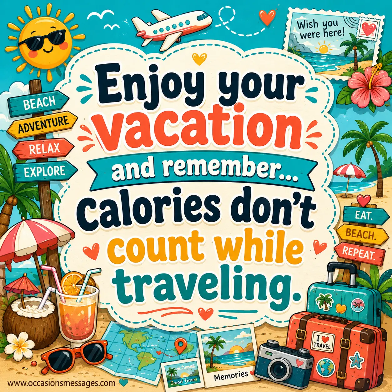 Vacation quote illustration with travel doodles and humorous message about enjoying food while traveling without worrying about calories.