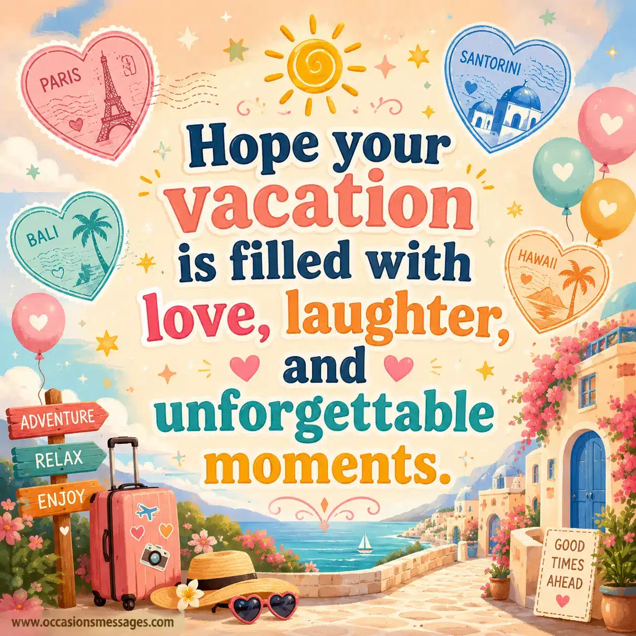 Colorful vacation wishes quote artwork expressing love, laughter, happiness, and unforgettable holiday experiences.
