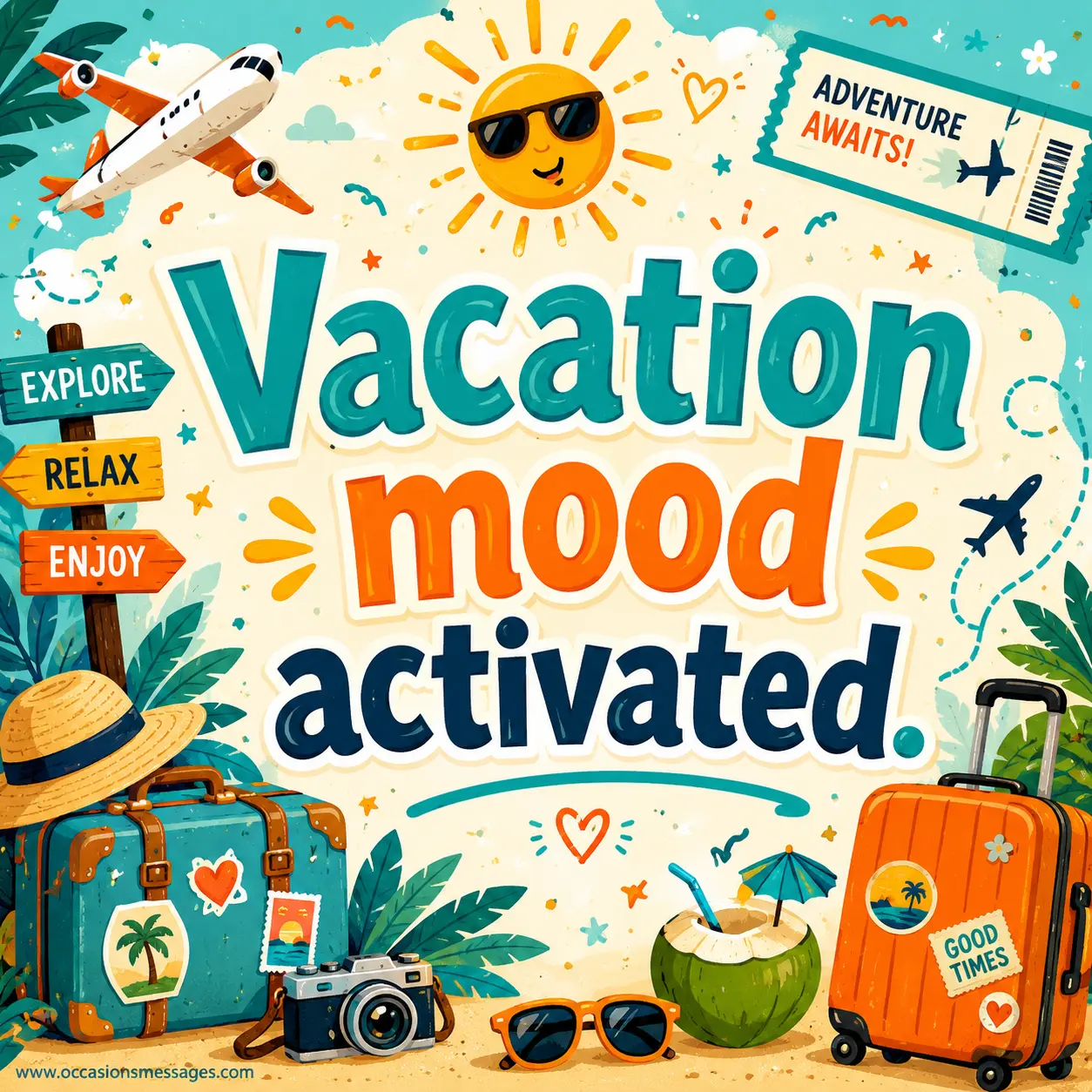 Fun vacation mood activation illustration with luggage, travel icons, and cheerful holiday energy celebrating the start of a getaway.