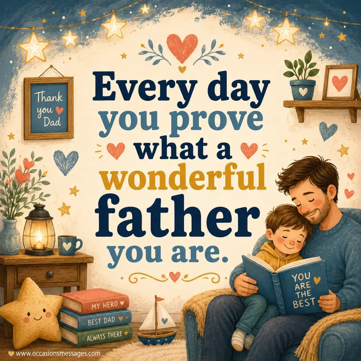 Funny Father's Day quote graphic featuring playful parenting-themed doodles, snacks, and band-aids representing the humor of raising children.