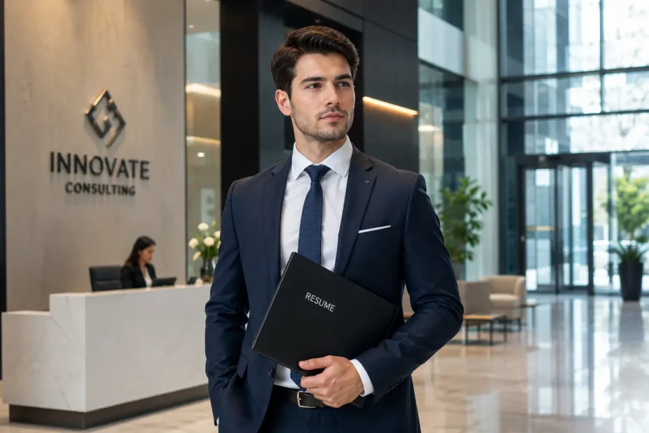 Confident businessman preparing for successful job interview in modern office lobby