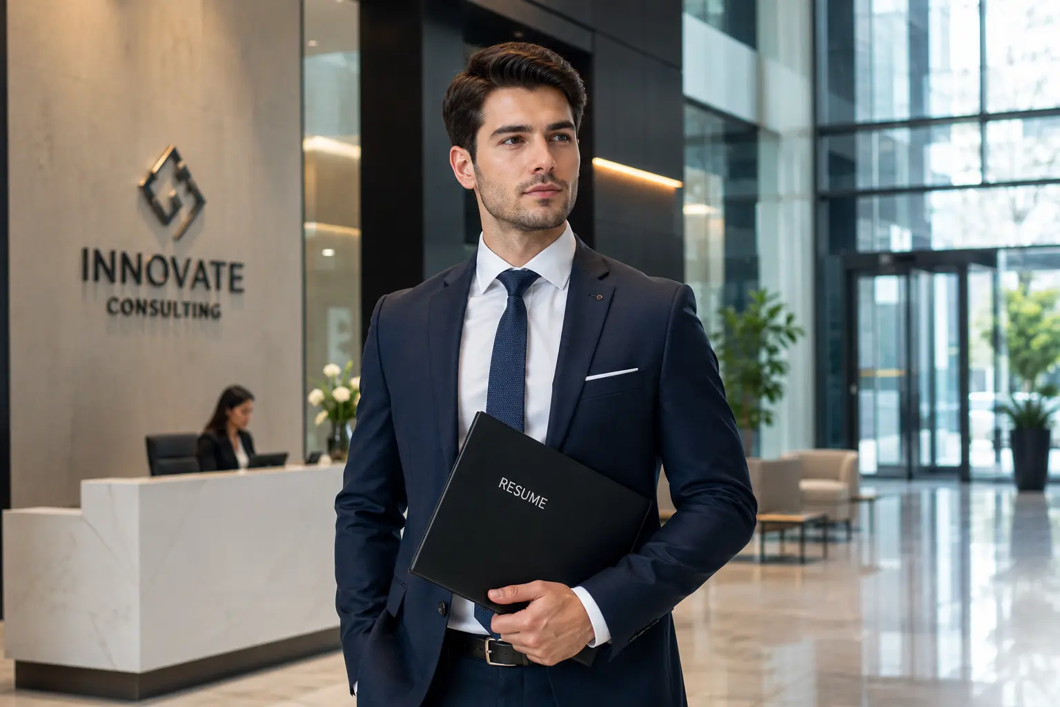Confident businessman preparing for successful job interview in modern office lobby