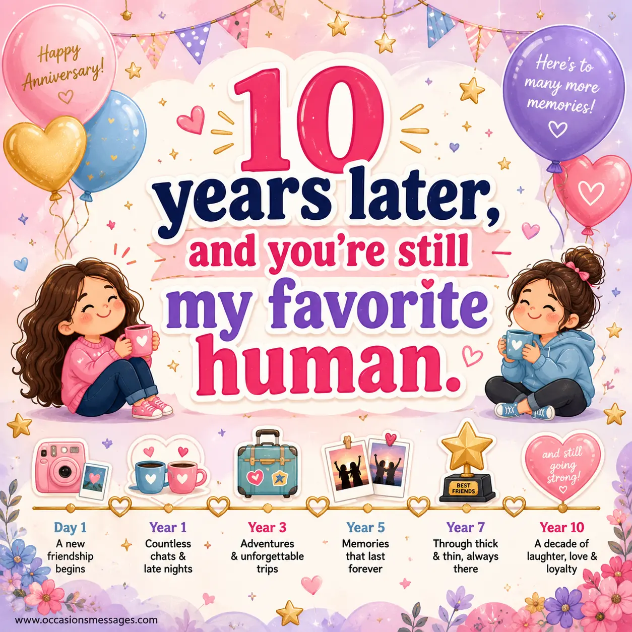 Festive friendship anniversary illustration with celebratory symbols and a joyful message honoring a decade-long bond with a favorite friend.