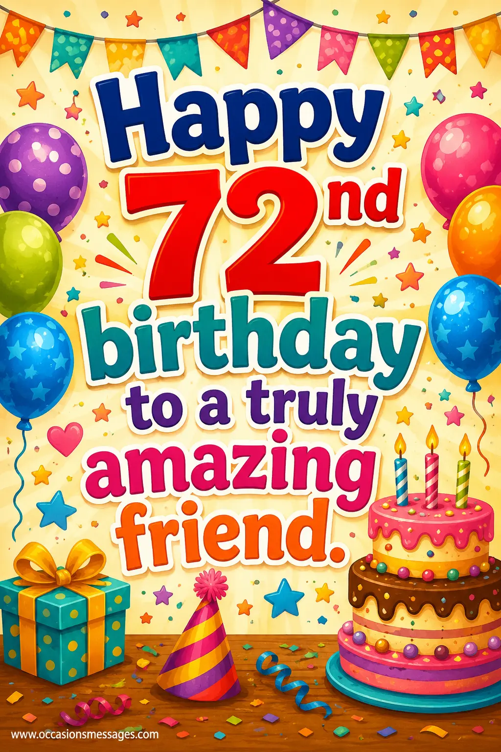 Festive cartoon birthday artwork with cake, balloons, stars, and friendship-themed decorations featuring a special birthday message for an amazing friend.
