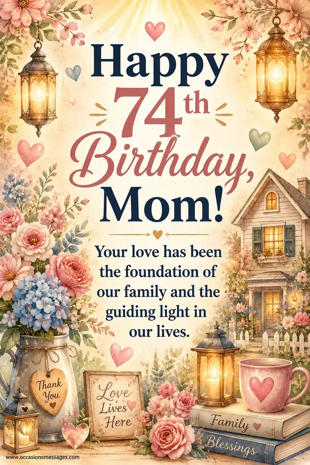 Watercolor birthday quote illustration celebrating a 74th birthday for Mom with warm family love, glowing lights, flowers, and heartfelt appreciation.