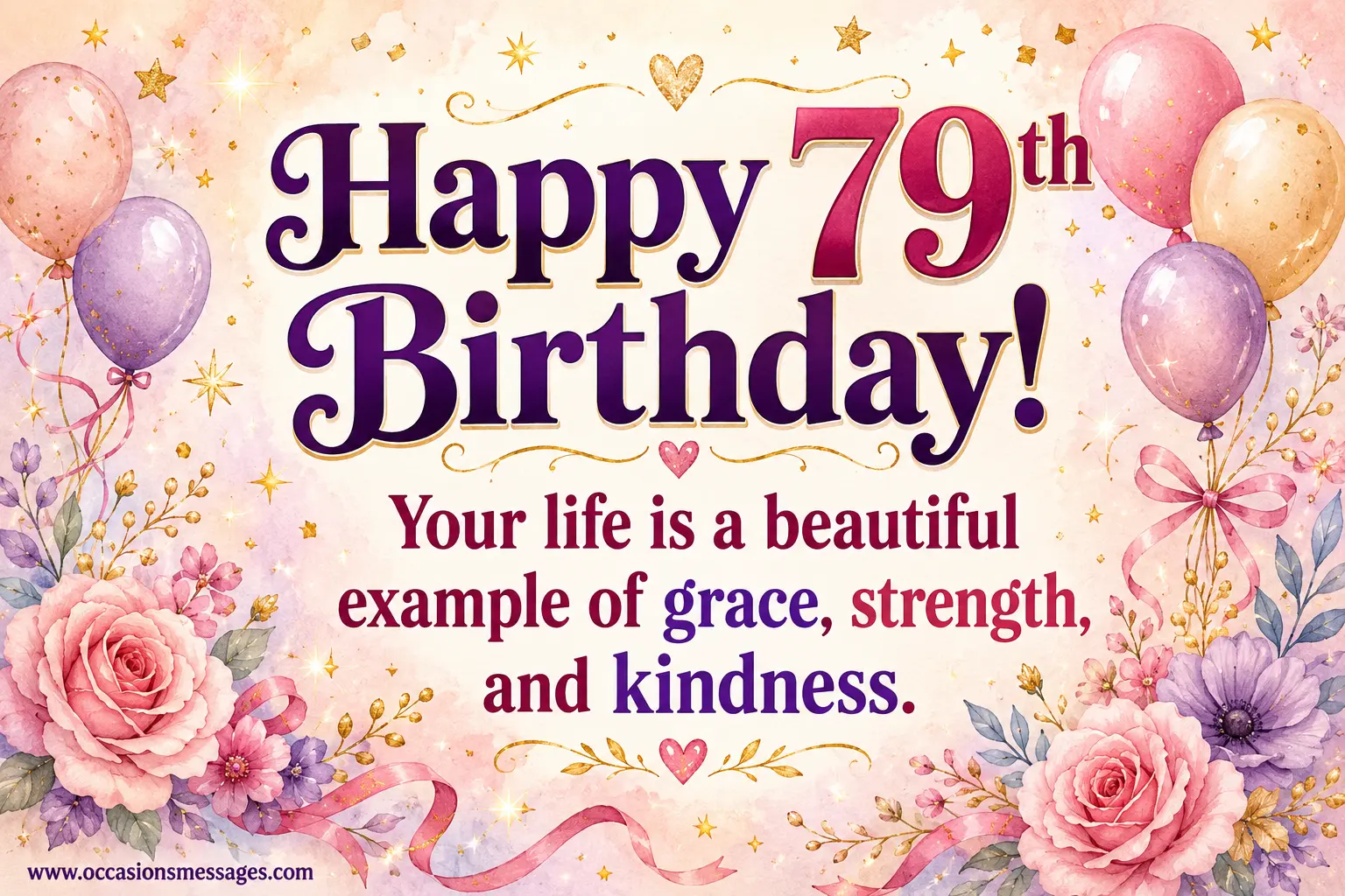 Stylized watercolor birthday illustration with elegant flowers and balloons featuring an inspiring Happy 79th Birthday quote celebrating grace, strength, and kindness.