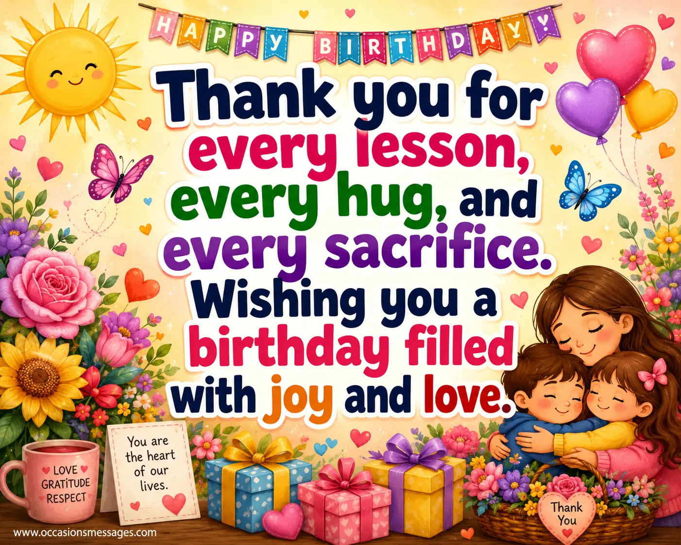 Warm illustrated family-themed birthday artwork with hearts, flowers, and gifts displaying a heartfelt thank-you birthday message honoring love, hugs, lessons, and sacrifice.