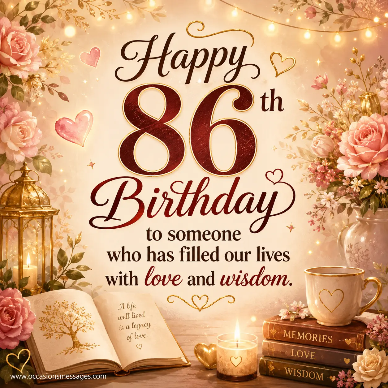 Soft illustrated 86th birthday celebration with warm golden lights and a heartfelt message about love, wisdom, and a meaningful life journey.