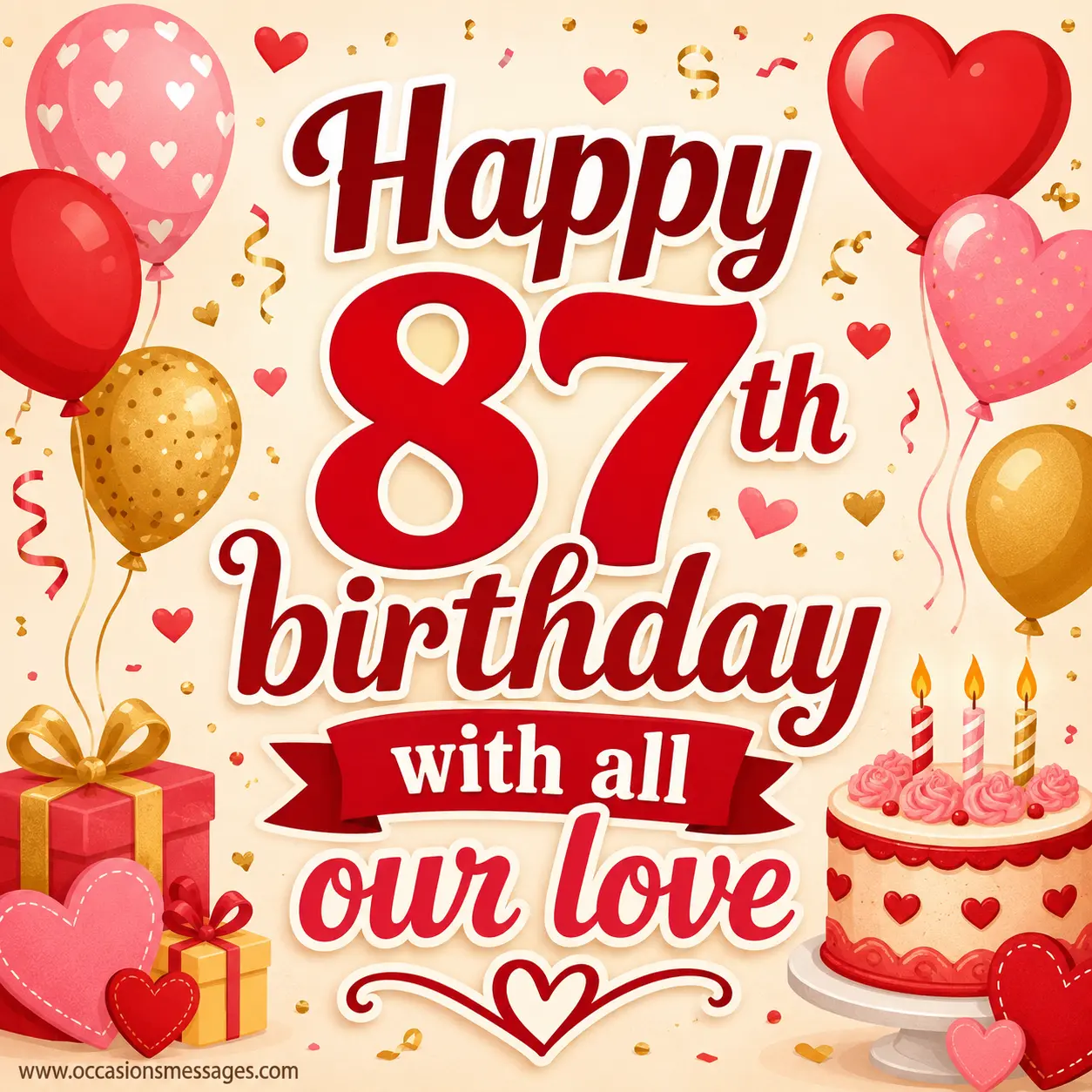 Colorful cartoon birthday celebration artwork with hearts, balloons, and festive decorations expressing love and warm wishes for an 87th birthday.
