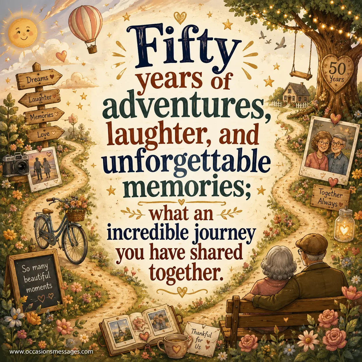 Whimsical illustrated journey filled with memories, laughter, and milestones representing fifty years of adventures shared by a loving couple.