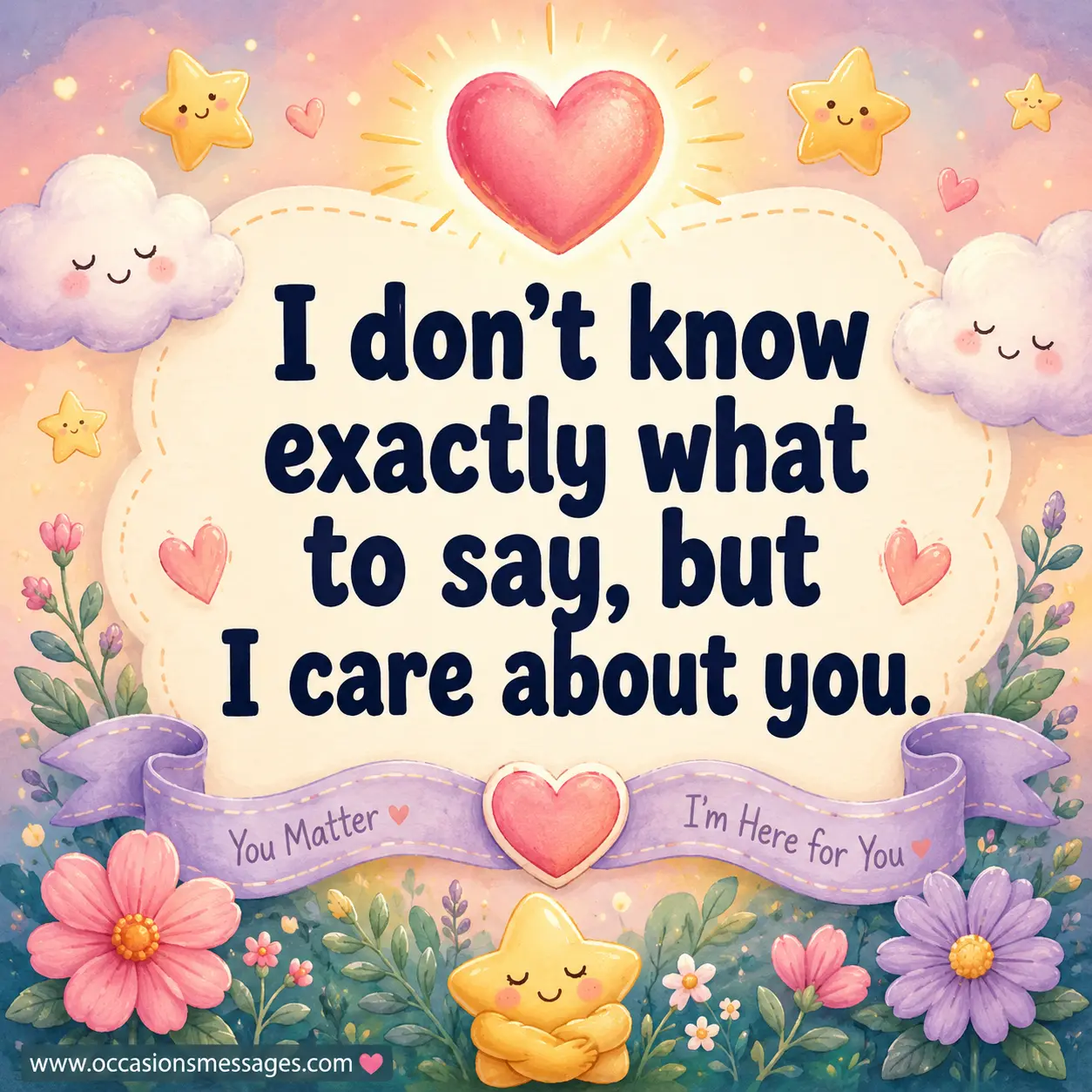 Children's-book-inspired caring quote image with soft clouds, stars, floral accents, and warm decorative artwork highlighting compassion and emotional encouragement for a friend.