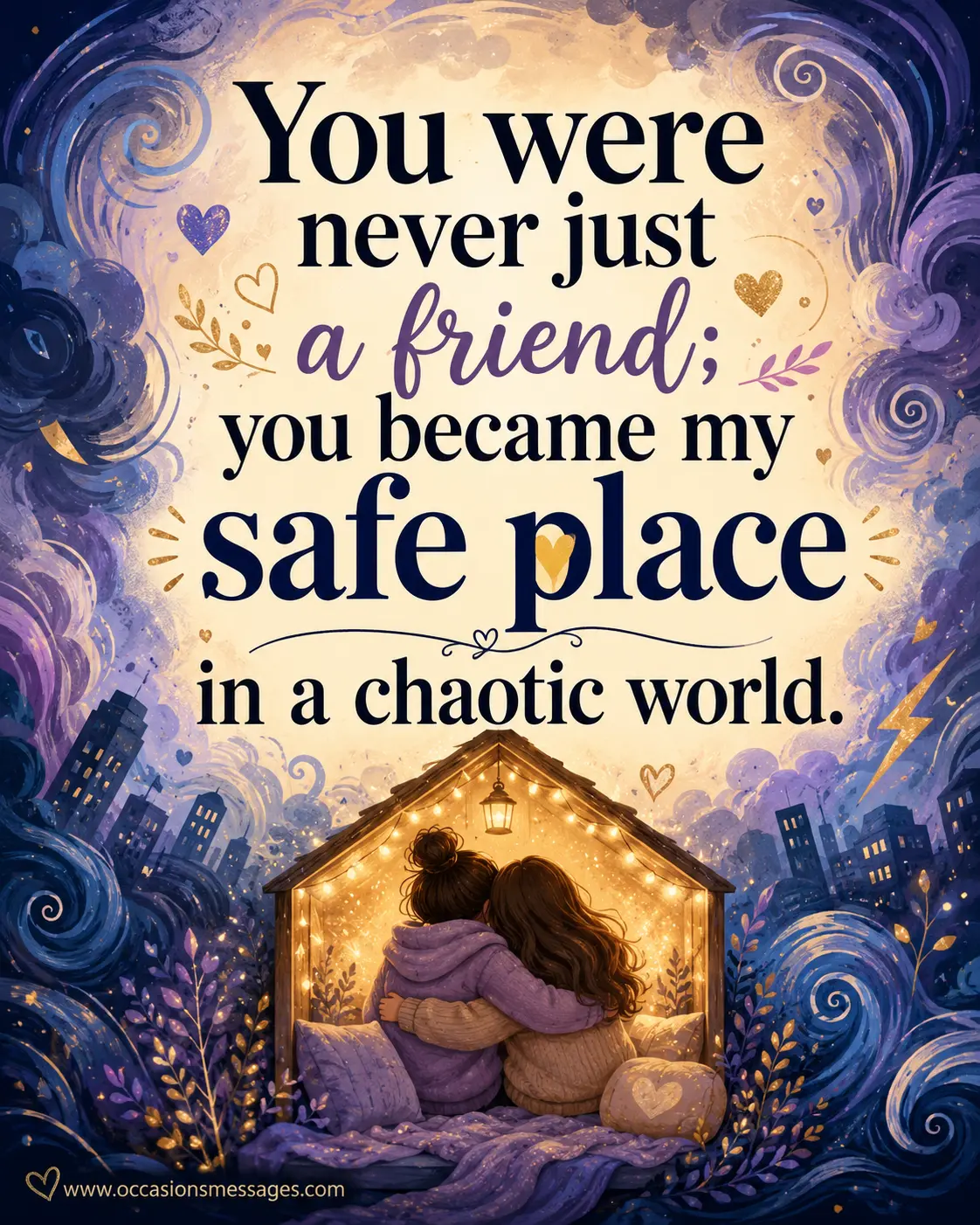 Stylized friendship quote image featuring a glowing safe haven in a chaotic abstract world, expressing deep gratitude for a best friend who provides comfort and emotional security.