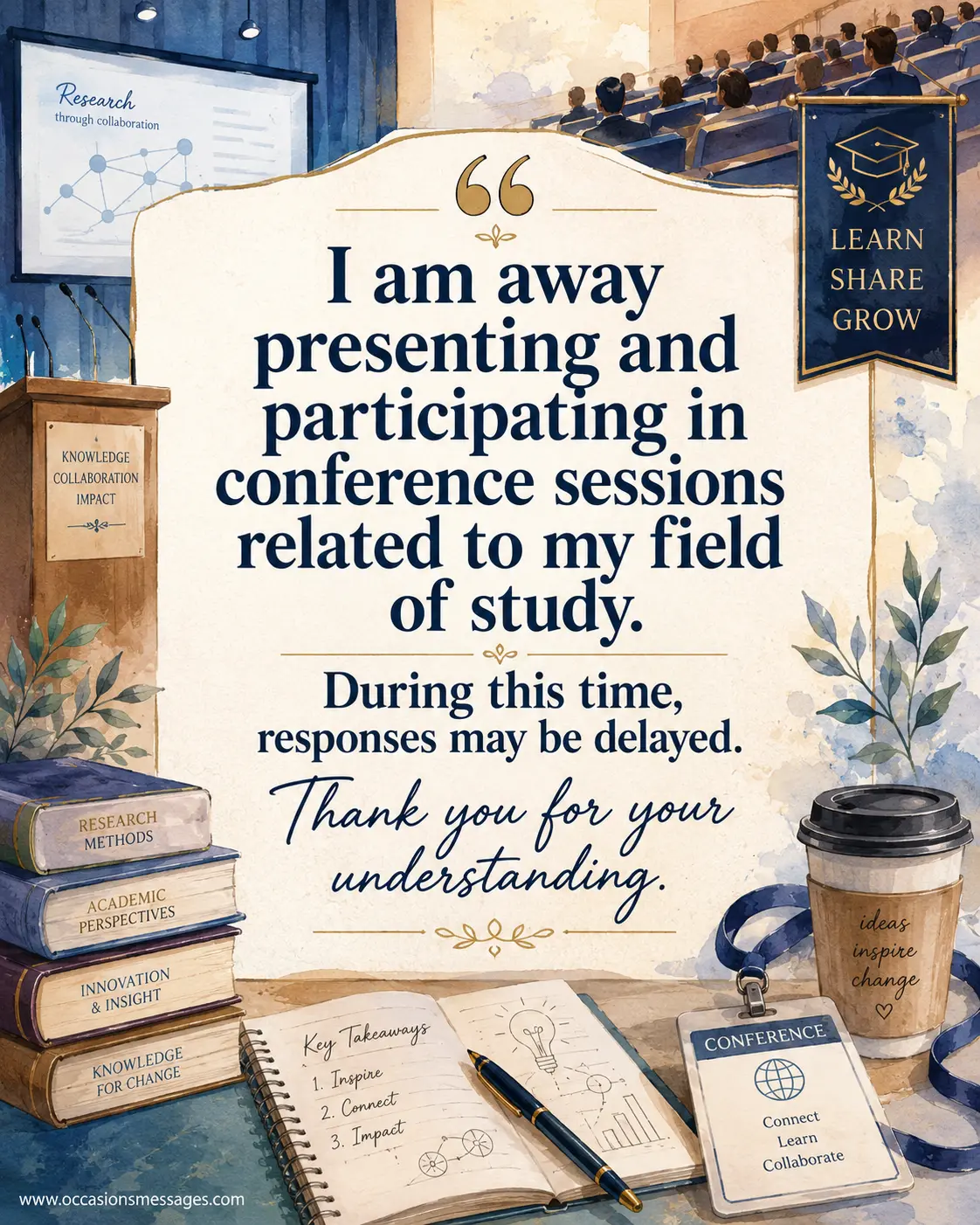 Academic conference quote image in a soft illustrated style with lecture hall, podium, books, and research visuals, reflecting a professional away message for presenting and participating in field-related conference sessions.