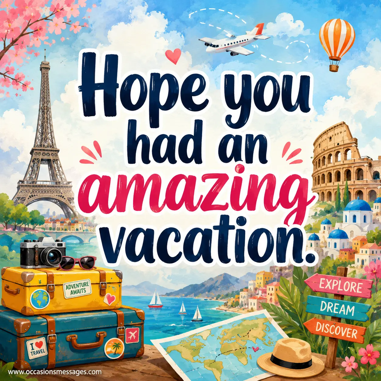 Colorful travel-themed digital illustration with suitcases, maps, and adventure elements highlighting wishes for an amazing vacation.