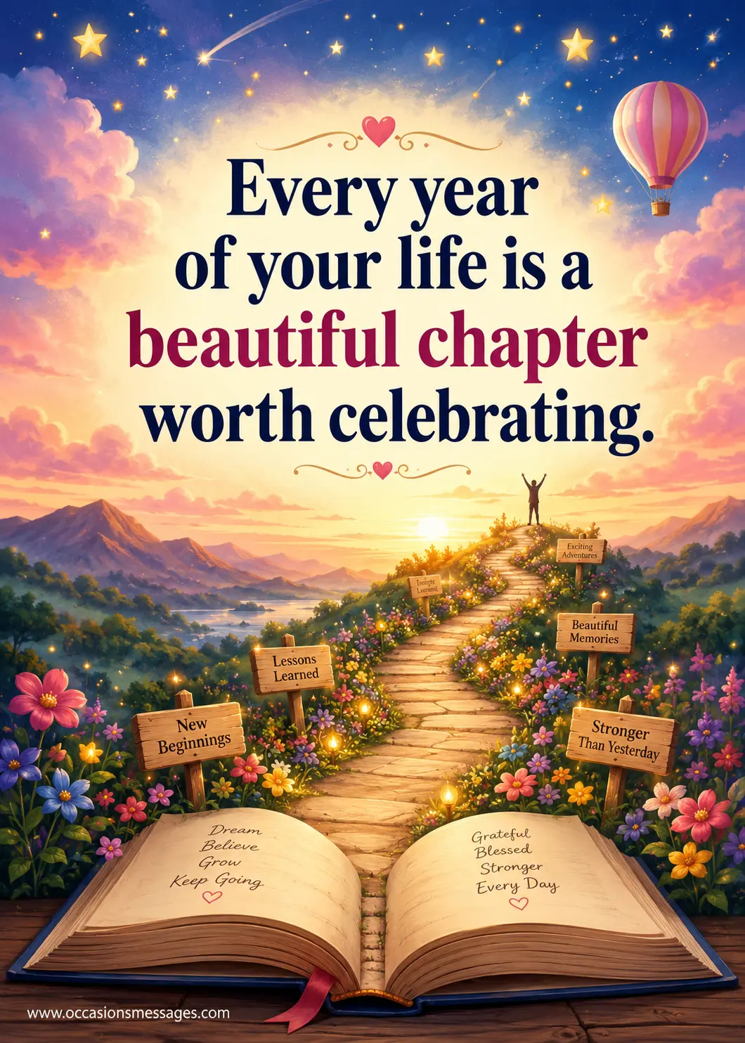 Symbolic life journey birthday illustration showing an open storybook becoming a beautiful path, celebrating every year as a meaningful chapter.