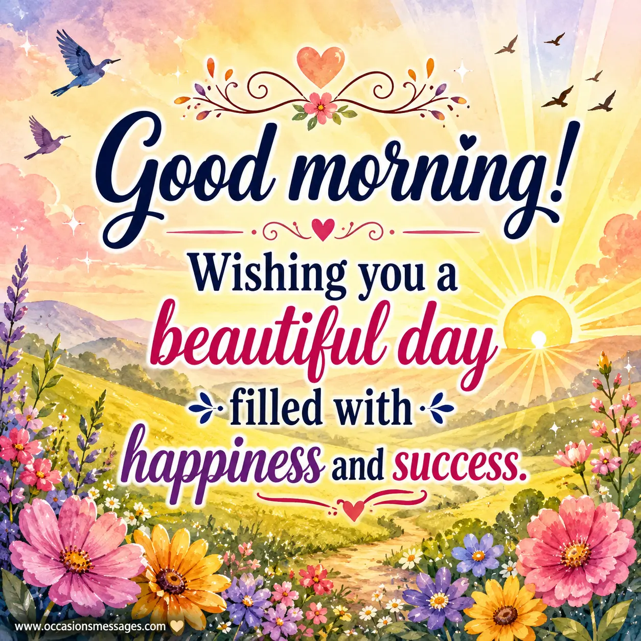 Colorful watercolor sunrise landscape with flowers and golden morning light illustrating a good morning message wishing happiness, success, and a beautiful day.