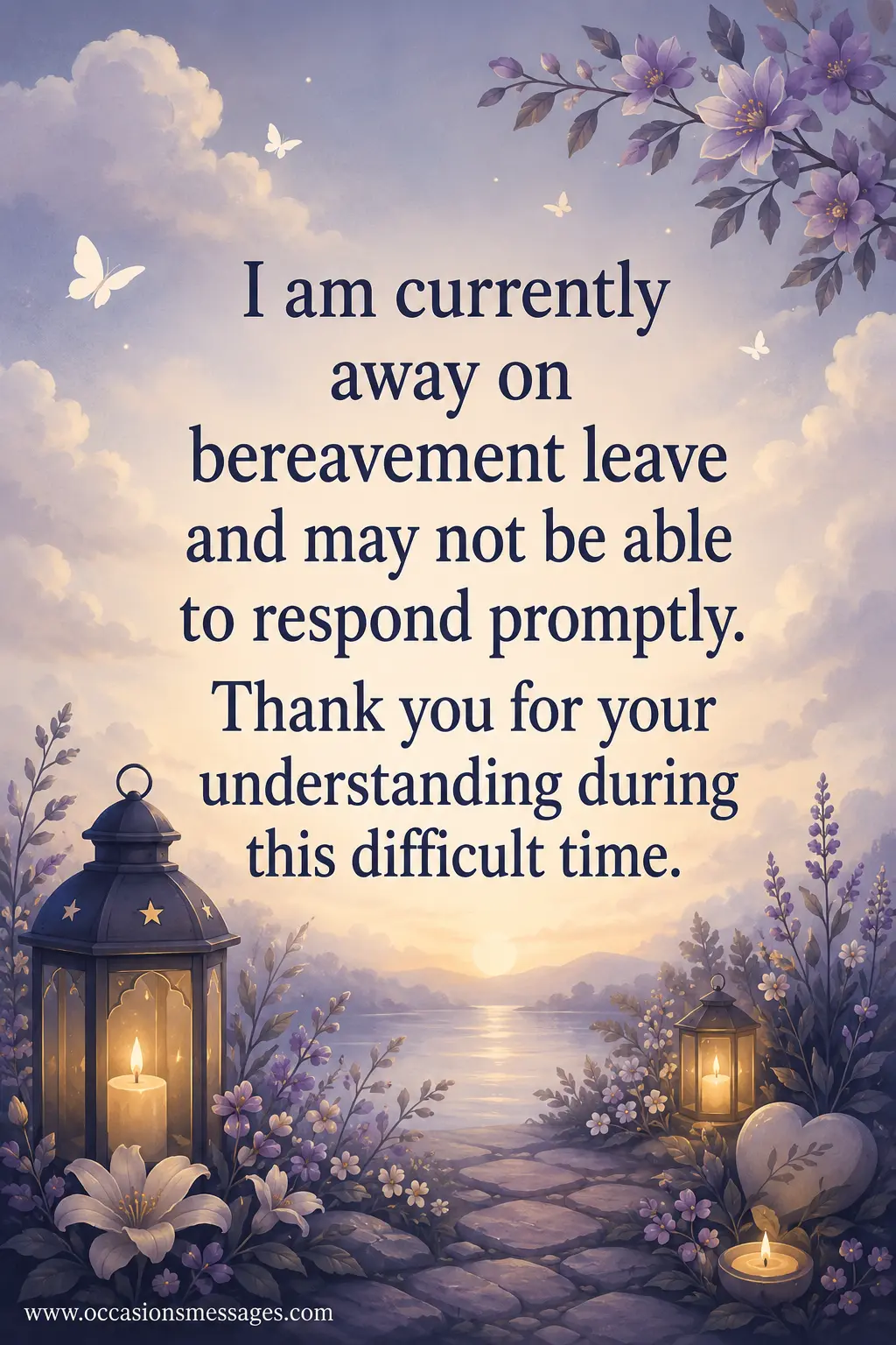 Gentle sympathy-themed digital illustration with calming floral elements supporting a bereavement leave message and request for understanding.