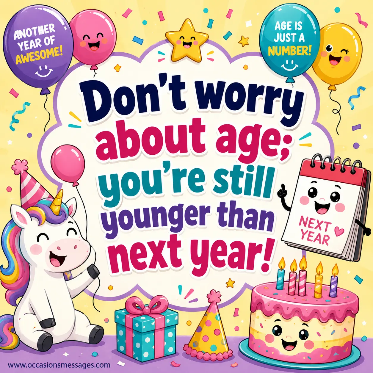 Playful cartoon birthday artwork with colorful balloons and a humorous quote about aging and staying young at heart.