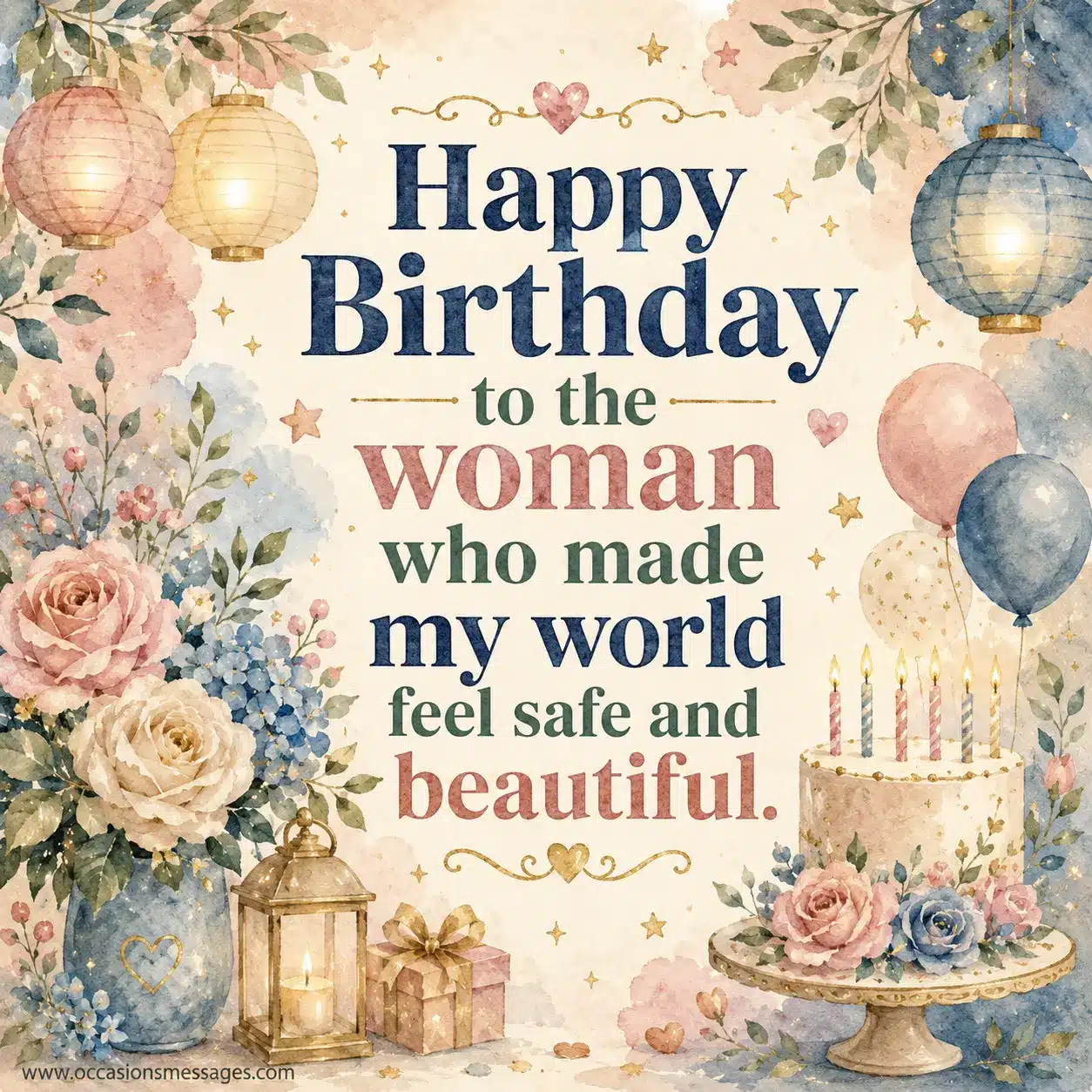 Happy birthday quote card celebrating a loving mother with flowers, balloons, and a warm festive atmosphere.