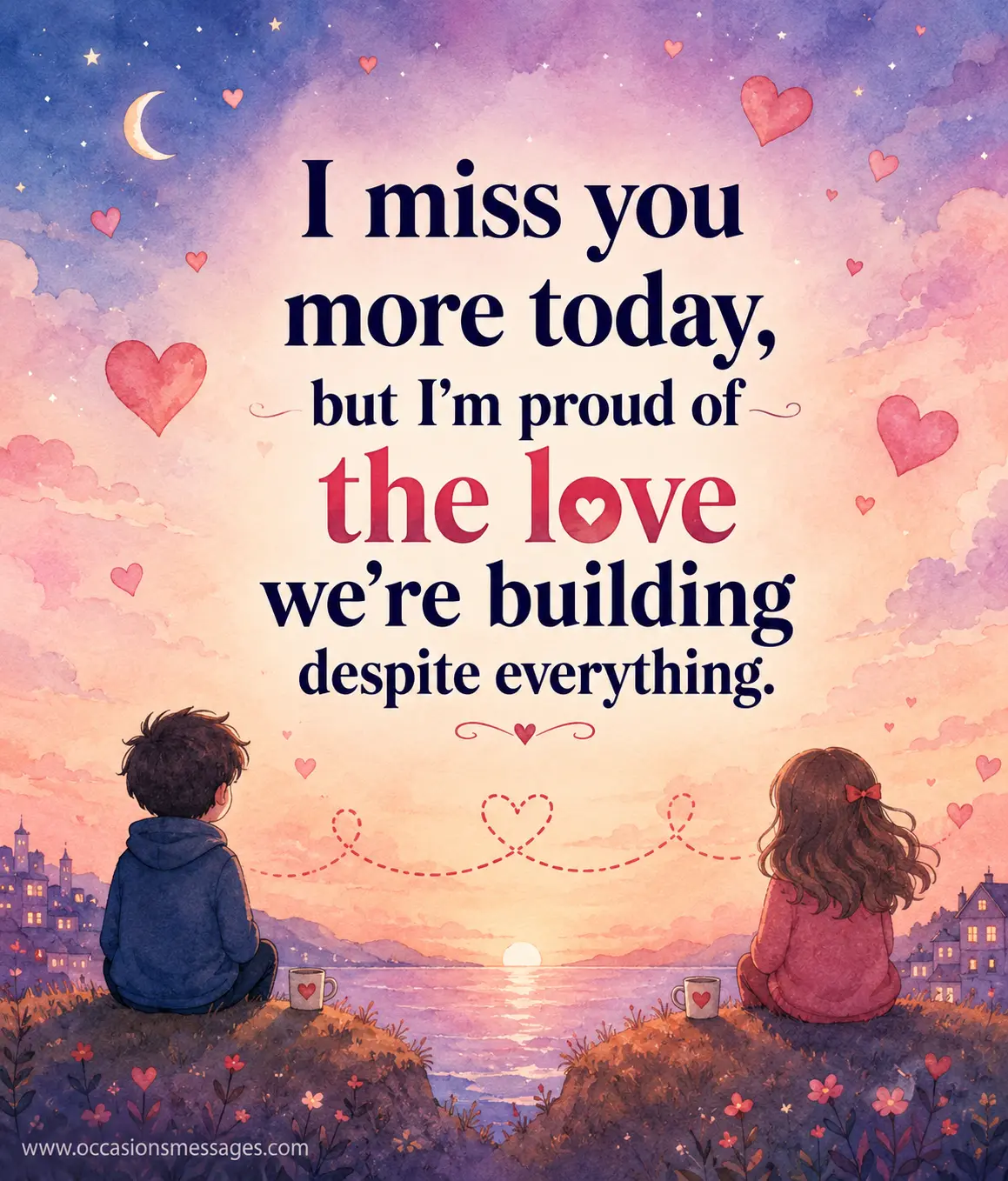 Emotional pastel anniversary illustration symbolizing long-distance love, commitment, and pride in a growing relationship despite challenges.