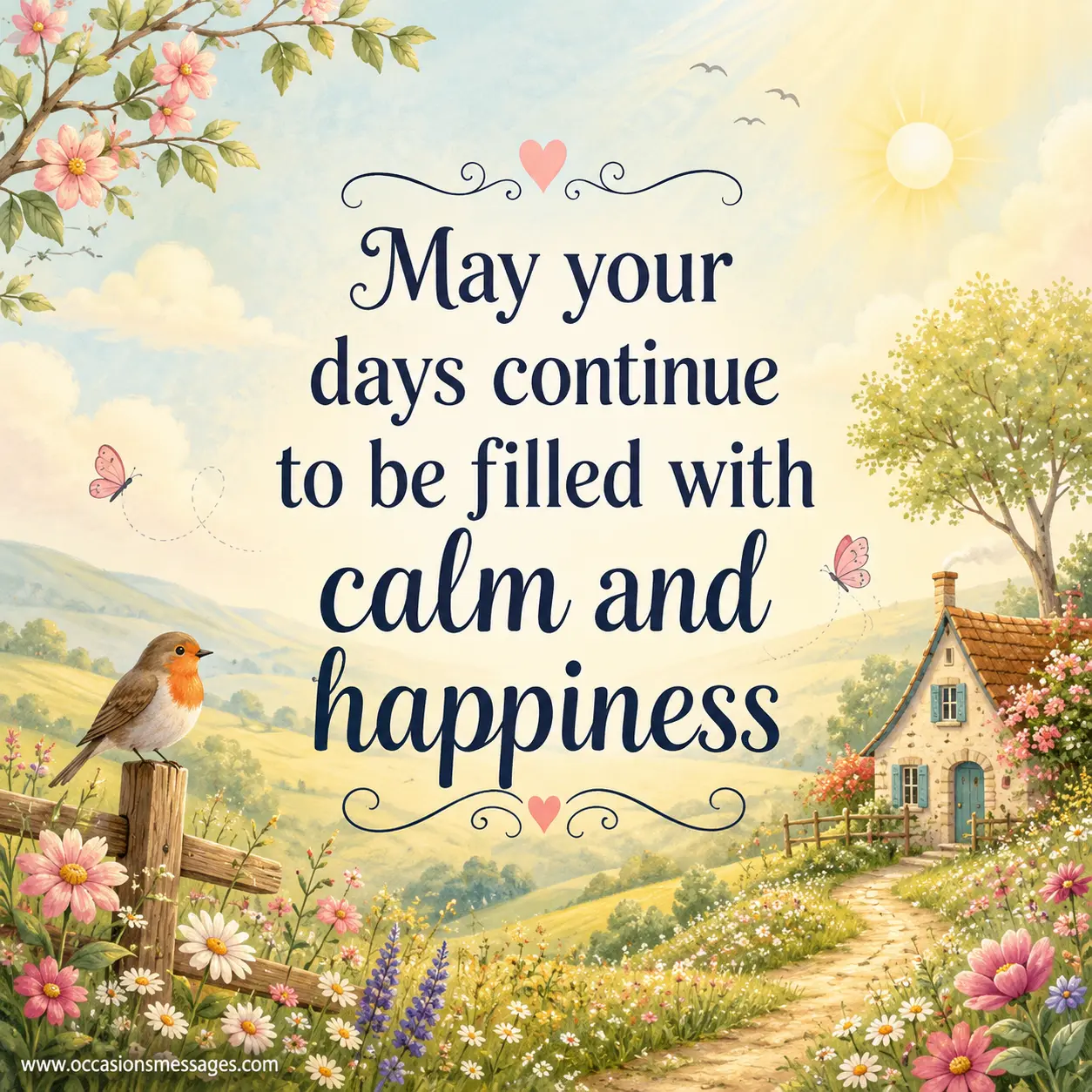 Gentle countryside illustration with sunshine and flowers representing calmness, contentment, and continued happiness in later years.