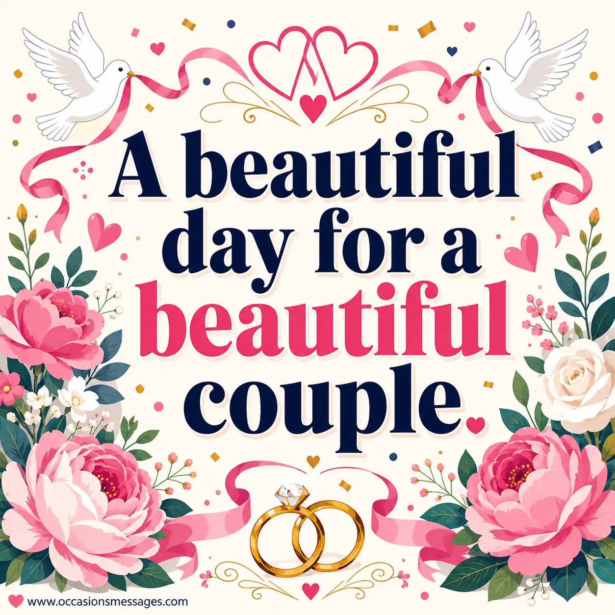 Elegant wedding celebration artwork with flowers, ribbons, and festive decorations highlighting a beautiful day dedicated to a happy couple.