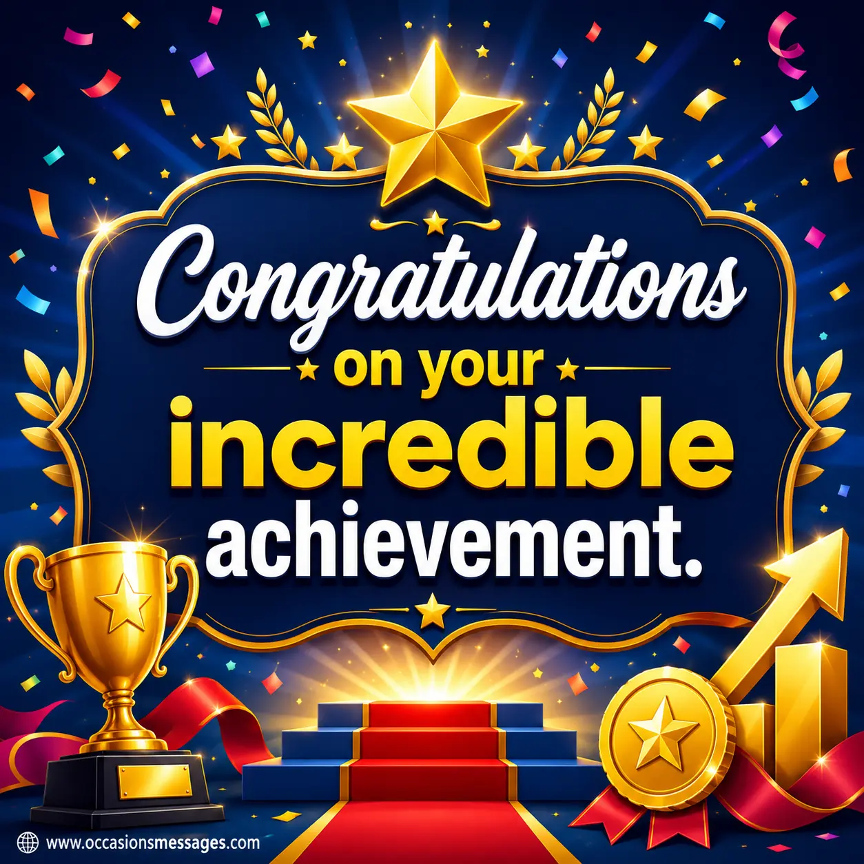 Inspirational achievement celebration illustration with stars, trophies, ribbons, and success symbols highlighting congratulations for an important accomplishment.