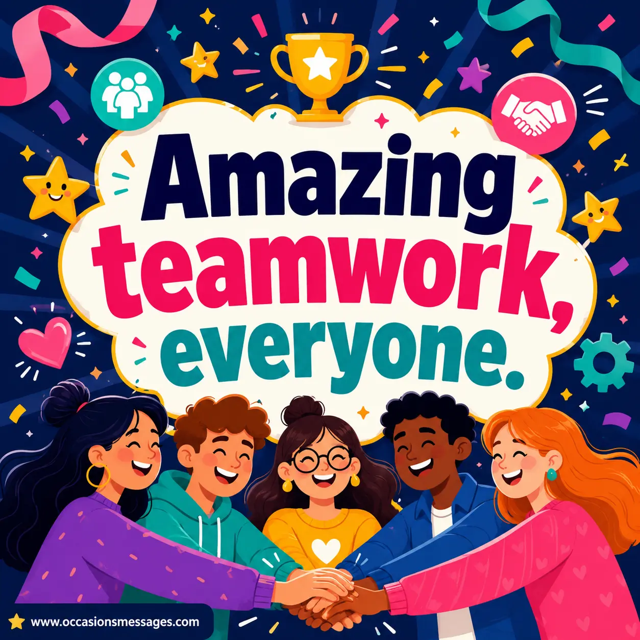 Whimsical teamwork celebration illustration with cheerful characters, confetti, and success symbols representing unity, cooperation, and recognition of outstanding team effort.