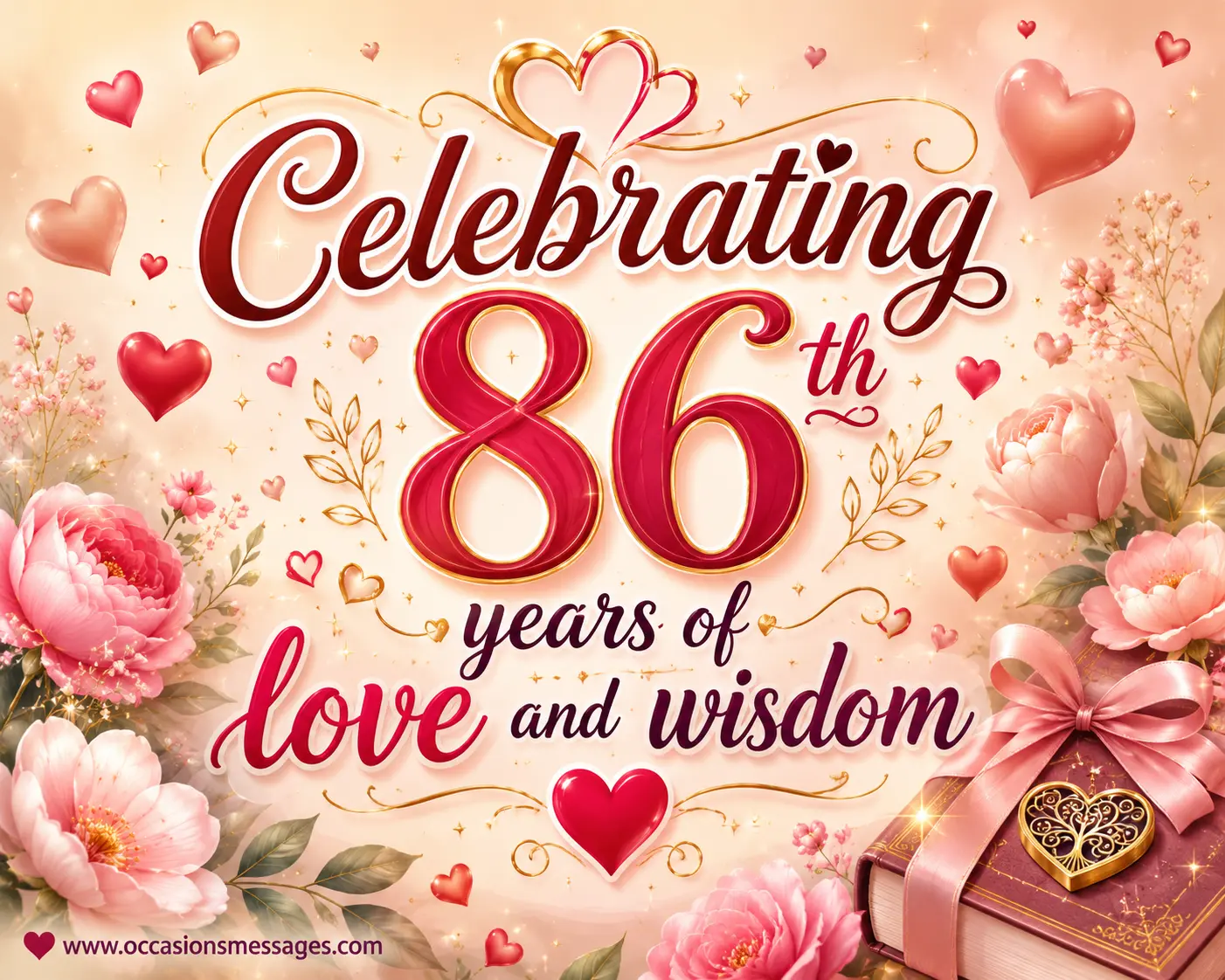Elegant pastel artwork featuring hearts and floral elements that symbolize 86 years of love, wisdom, and cherished memories.
