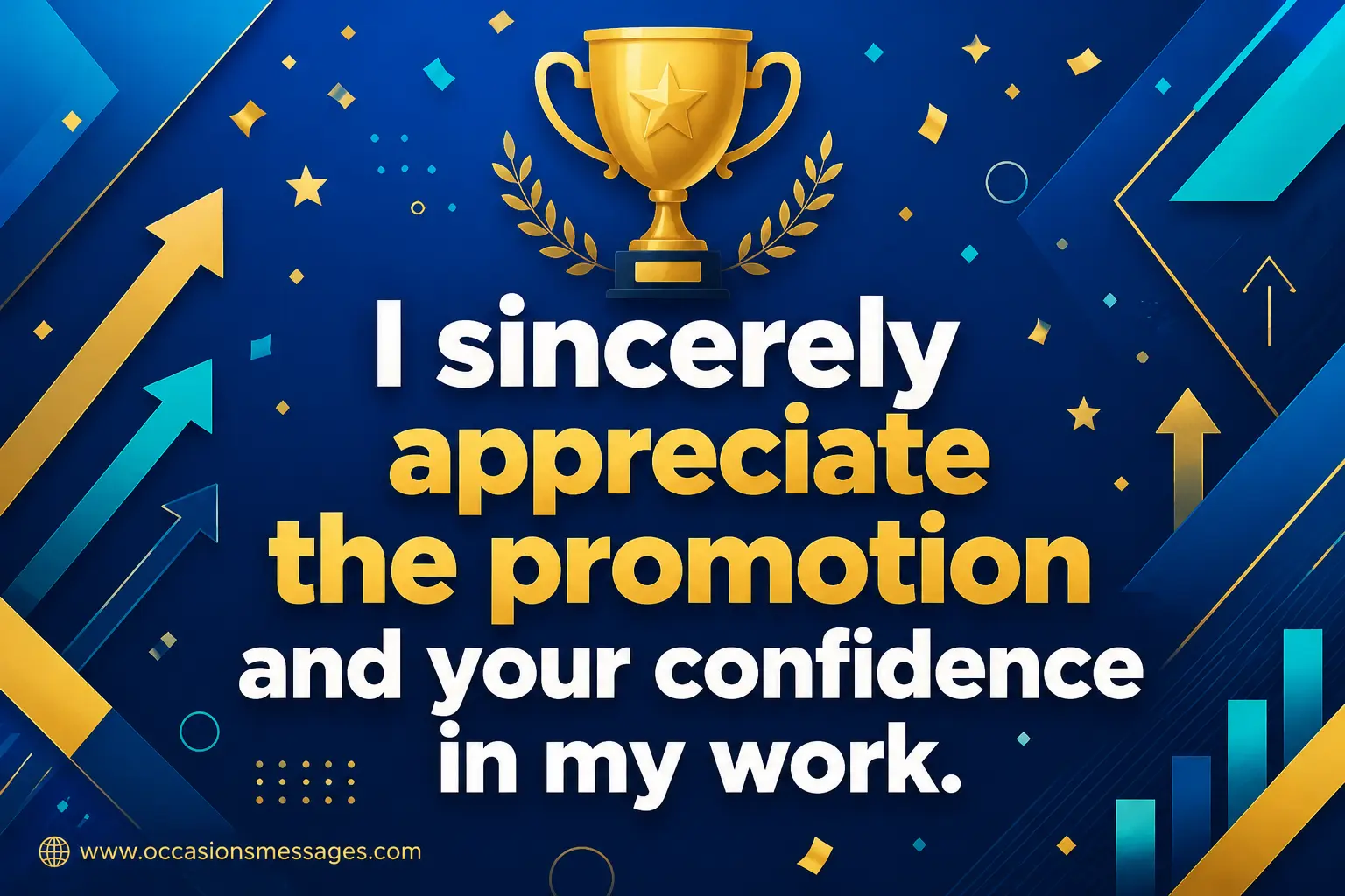 Modern flat vector artwork featuring a trophy and success symbols highlighting gratitude for a workplace promotion and confidence in professional achievements.