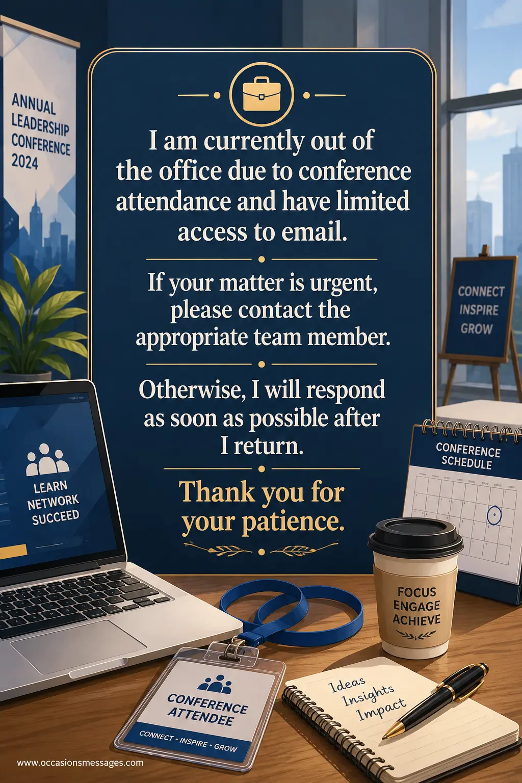 Stylized business conference out-of-office quote image showing an illustrated office desk, laptop, conference badge, and calm corporate setting, representing patience during conference attendance and delayed email responses.