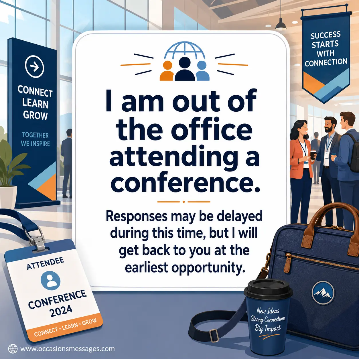 Professional illustrated conference attendance auto-reply image with convention center elements, business badge, and clean typography, highlighting a temporary out-of-office message with delayed response notice.