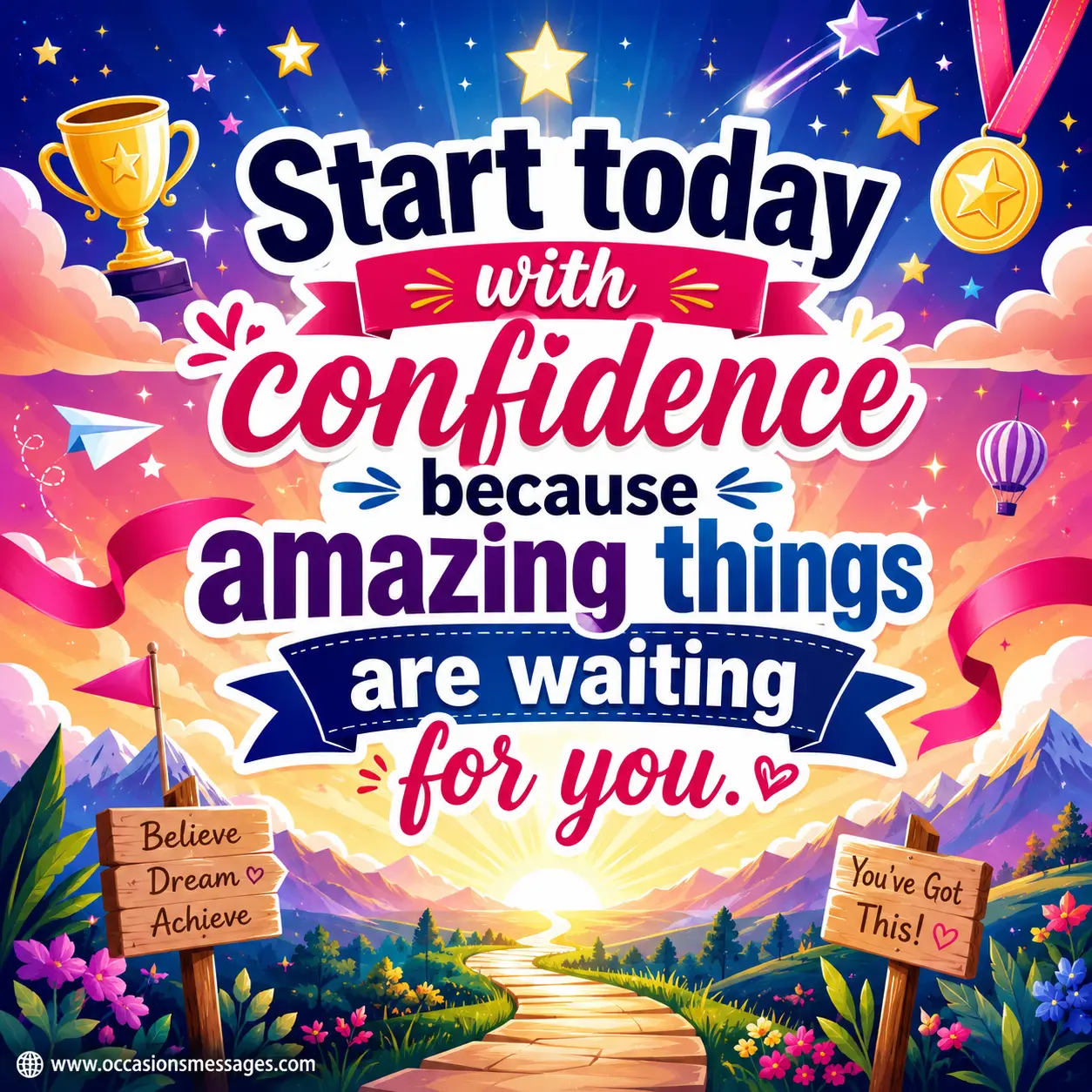 Inspirational illustrated pathway leading to a glowing horizon representing confidence, opportunity, motivation, and positive new beginnings.