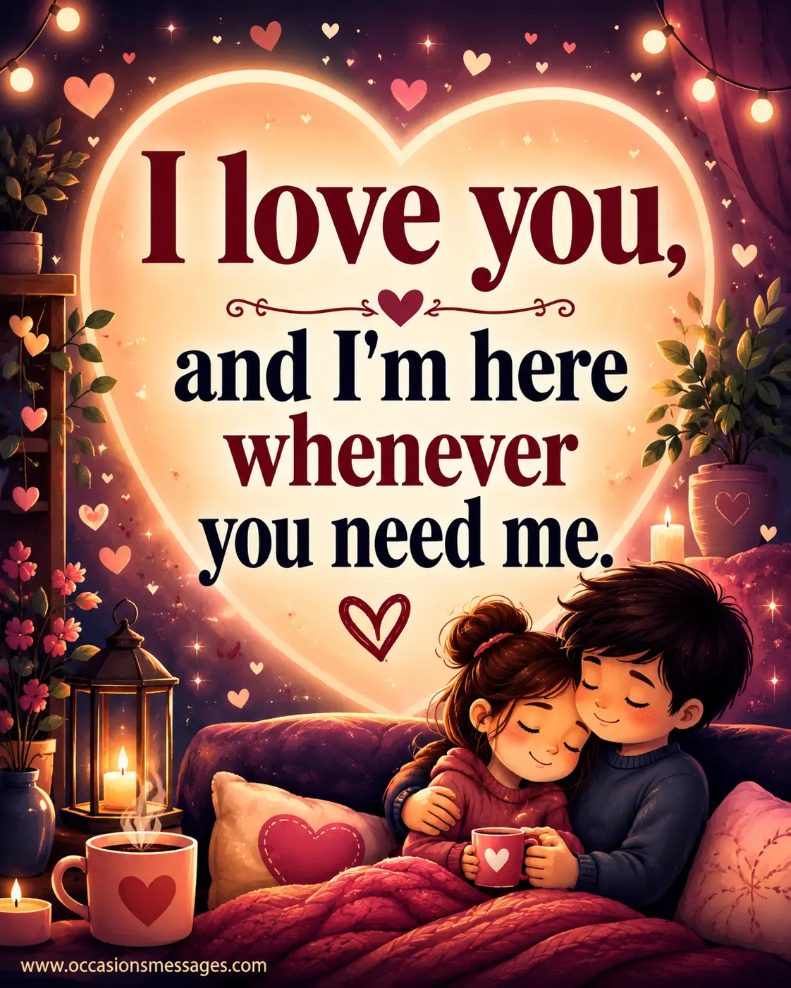 Warm cartoon-style comfort image featuring symbols of love and reassurance alongside a heartfelt message about always being there for someone.