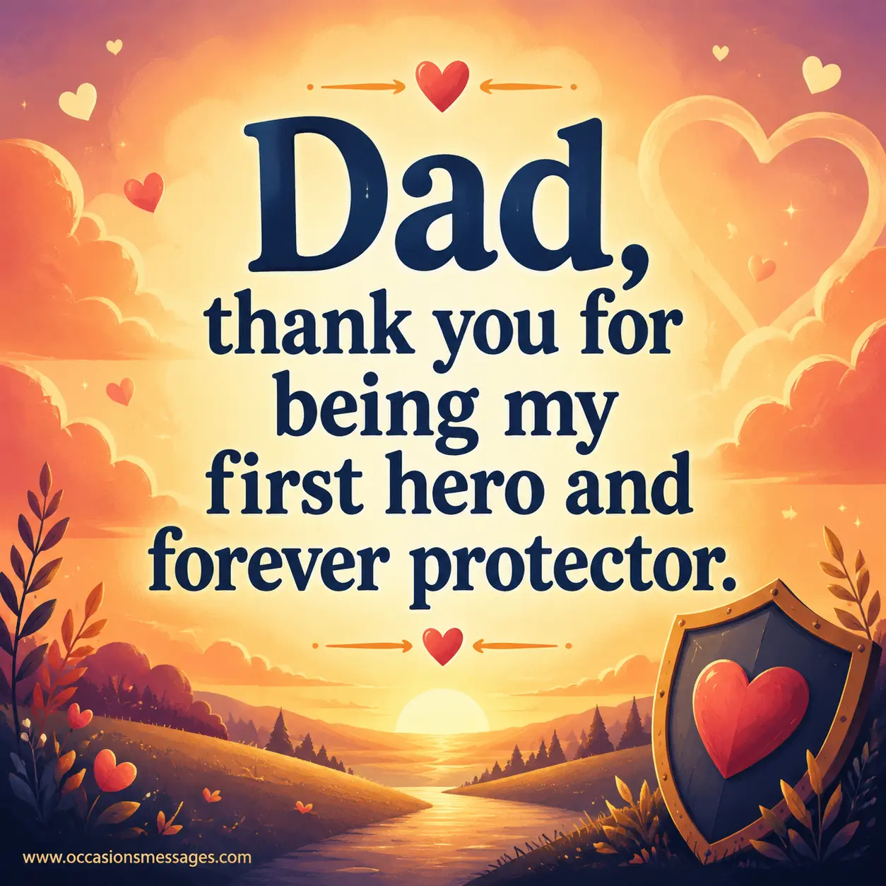 A warm sunset-themed illustration with a heartfelt quote thanking a father for being a lifelong hero and protector in bold readable text.