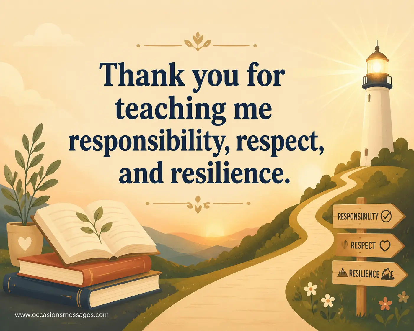 A calm pastel illustration symbolizing life lessons and gratitude toward a father, emphasizing responsibility, respect, and resilience.