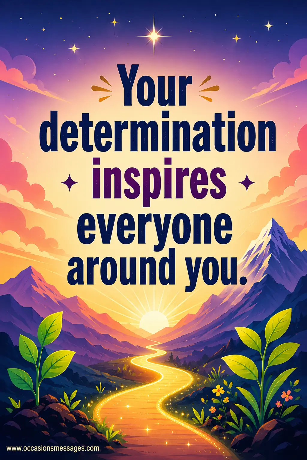Bright vector illustration of a sunrise and mountains highlighting a motivational quote about determination inspiring everyone during difficult times.