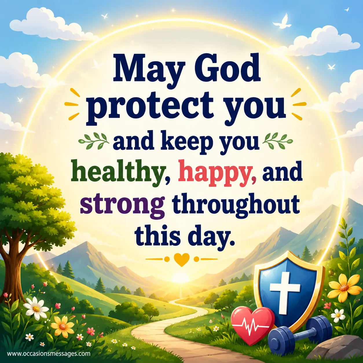 Colorful vector morning scene with protective light symbolizing divine care, health, happiness, and strength throughout the day.