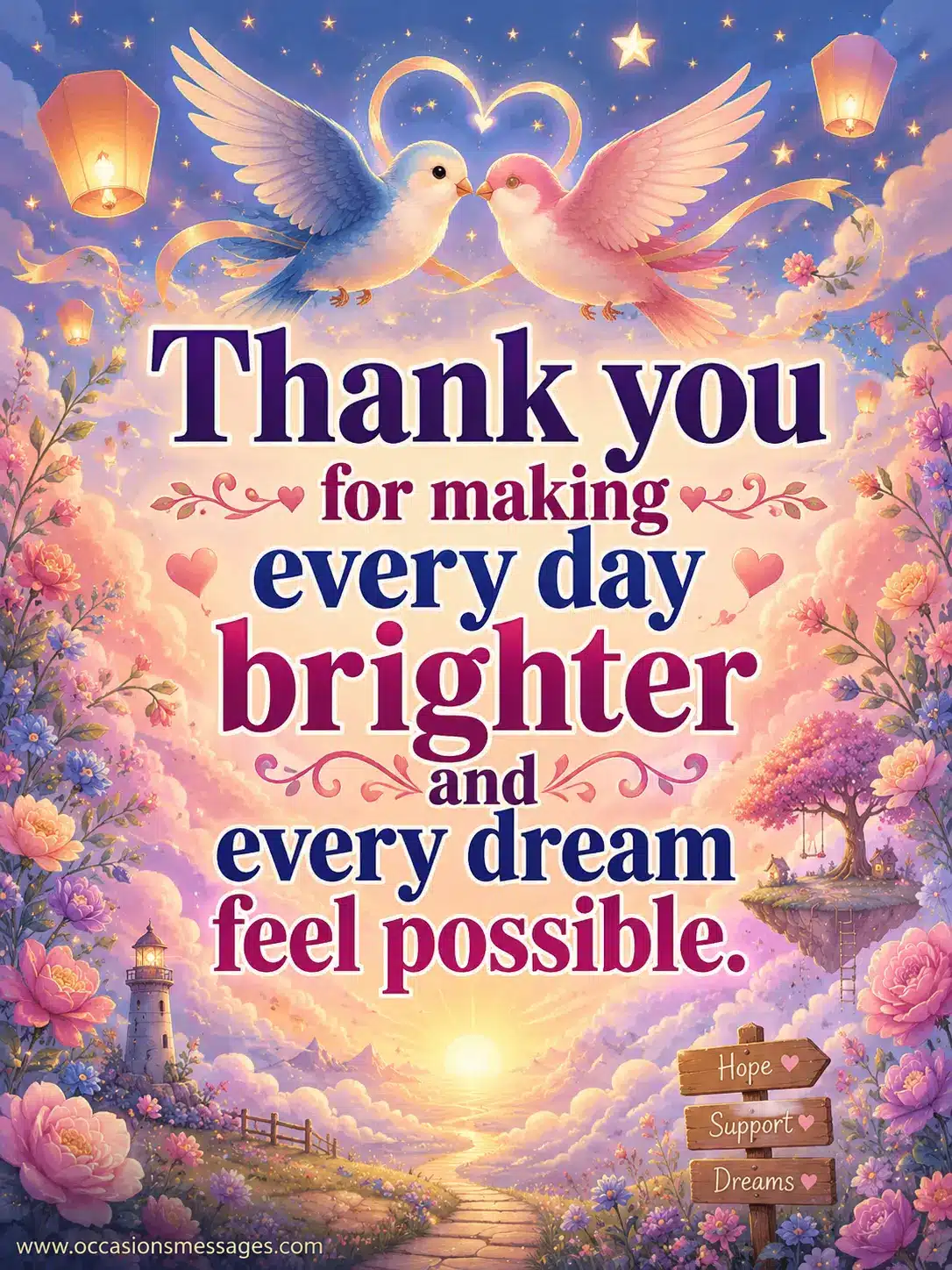 Artistic lovebird illustration with stars and clouds conveying gratitude, emotional support, and dreams becoming possible through a loving relationship.
