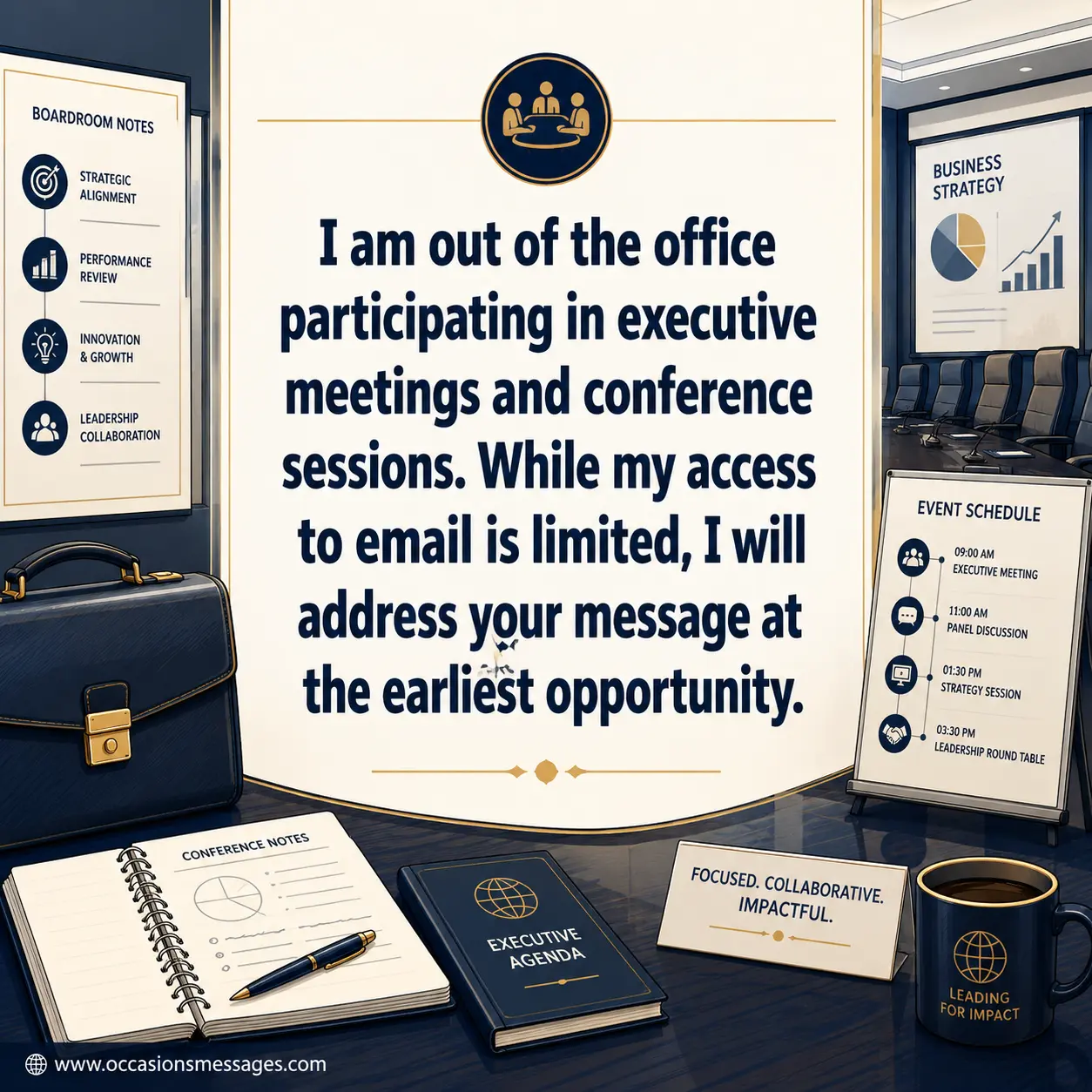 Warm illustrated email and conference quote graphic with laptop, envelope, and event setting, expressing appreciation for patience while attending a conference and replying more slowly than usual.